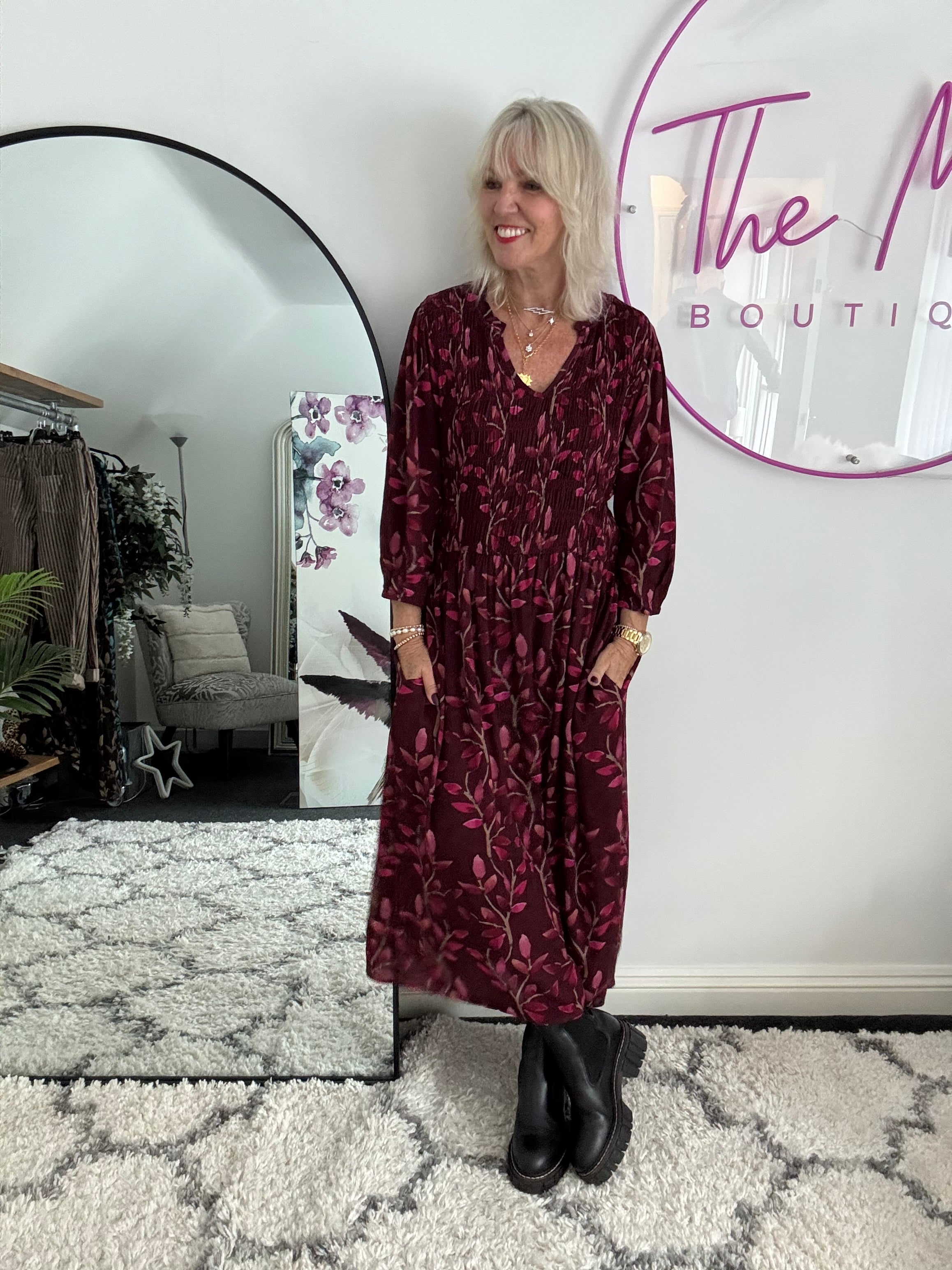 Leaf Print Dress with Shirred Bodice in Wine