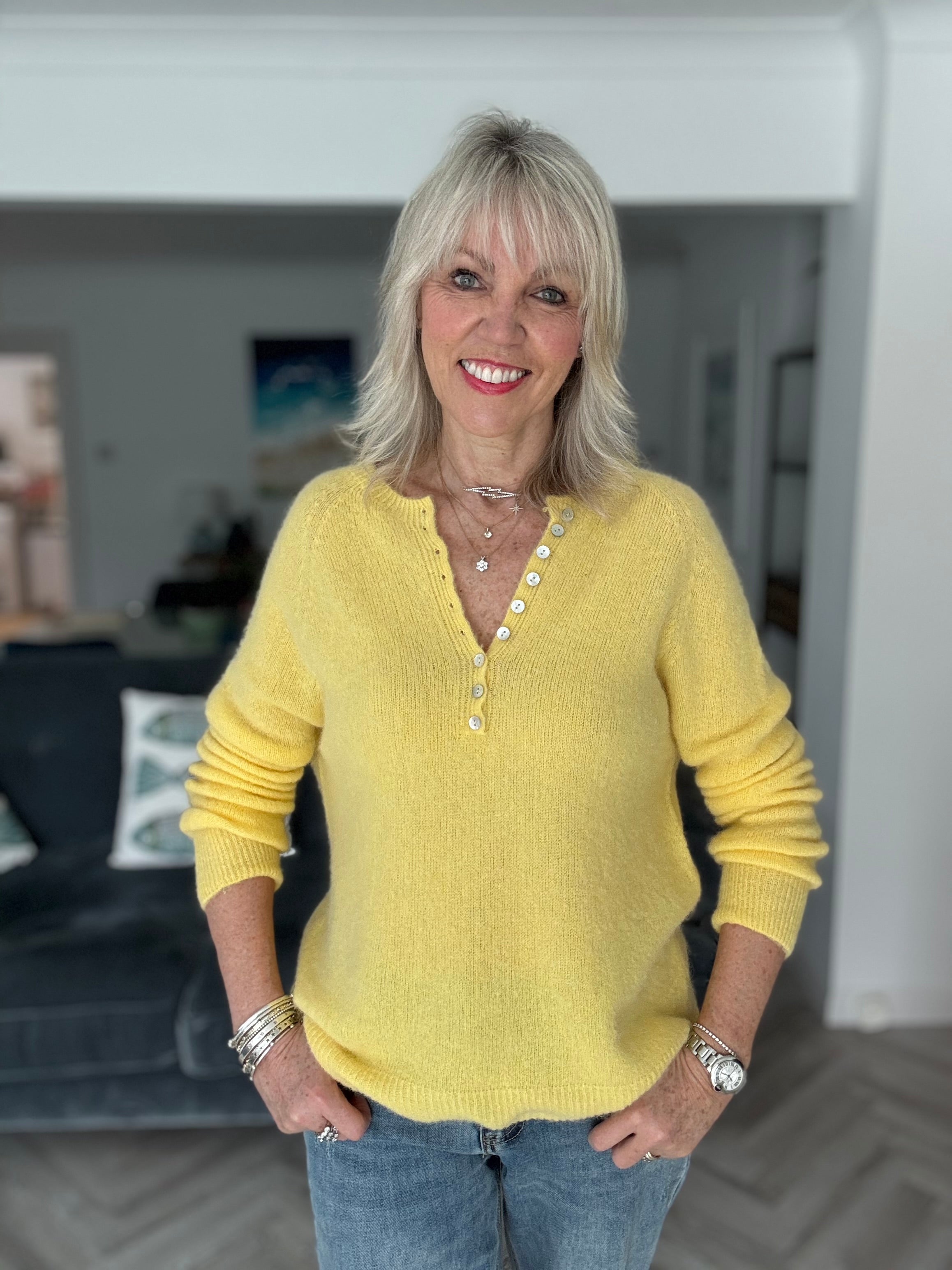 Softie Jumper with Button Neck in Yellow