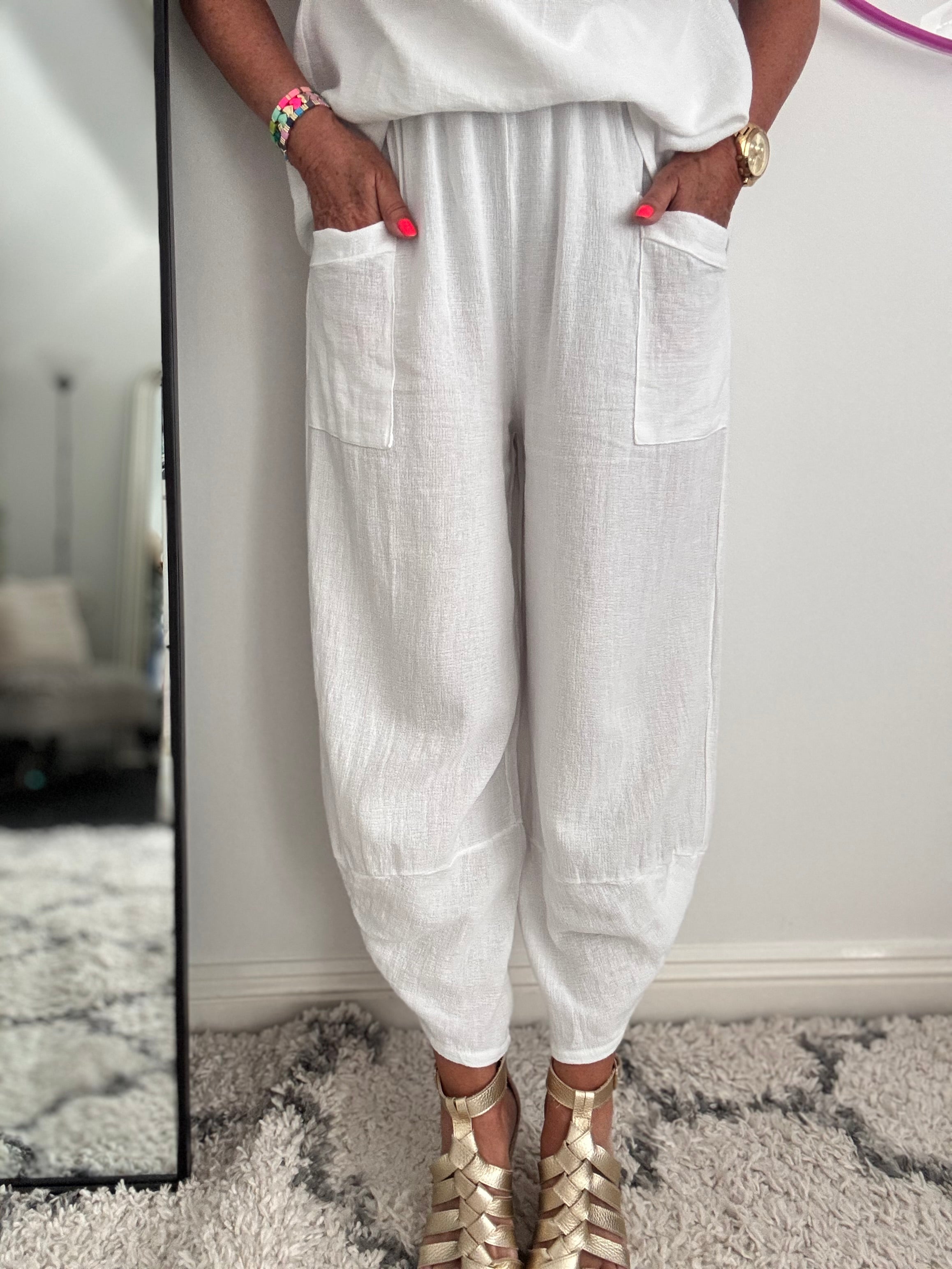 Linen & Cotton Barrel Trousers in White