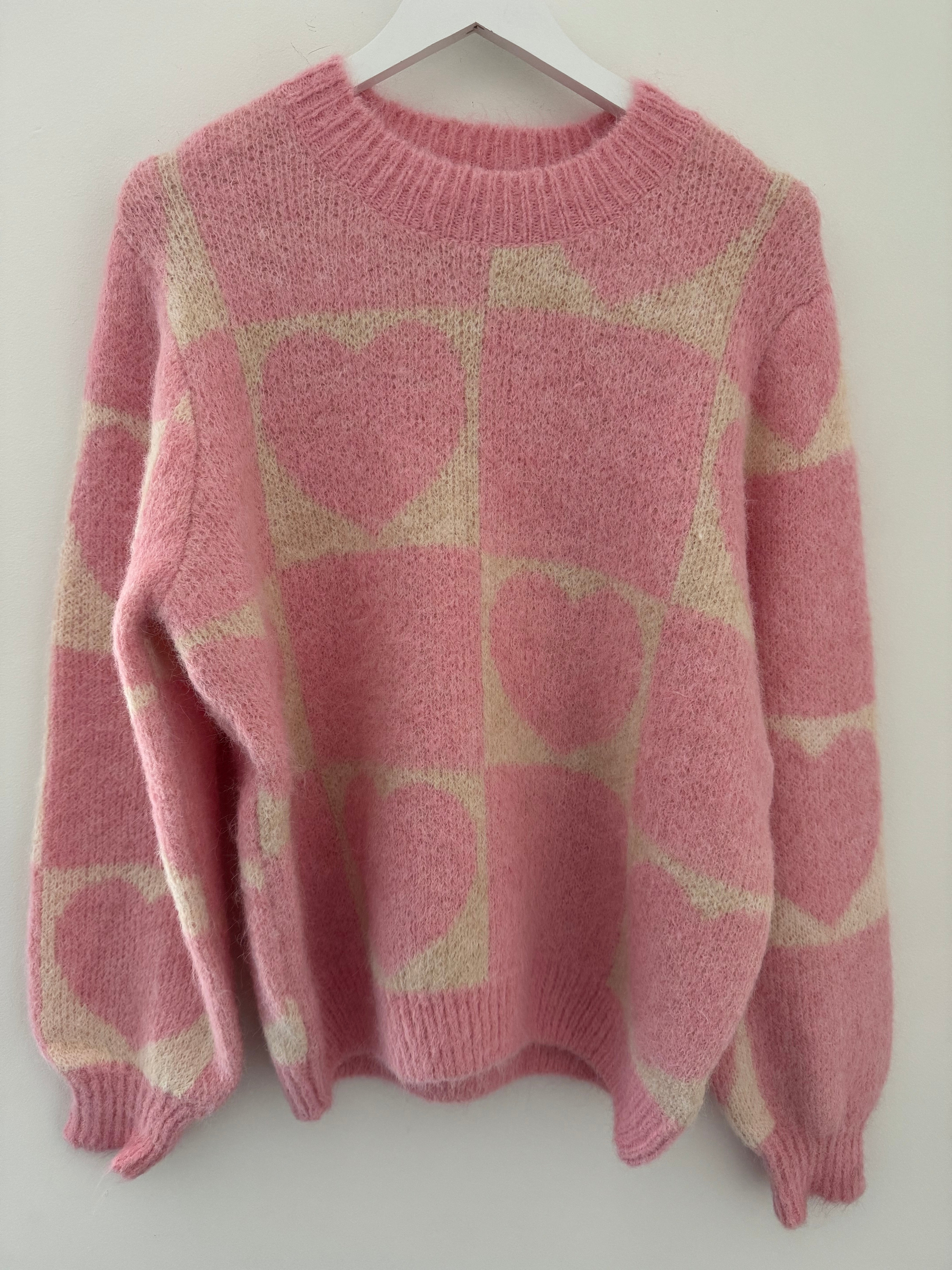 Heart & Squares Sweater in Pink & Ecru