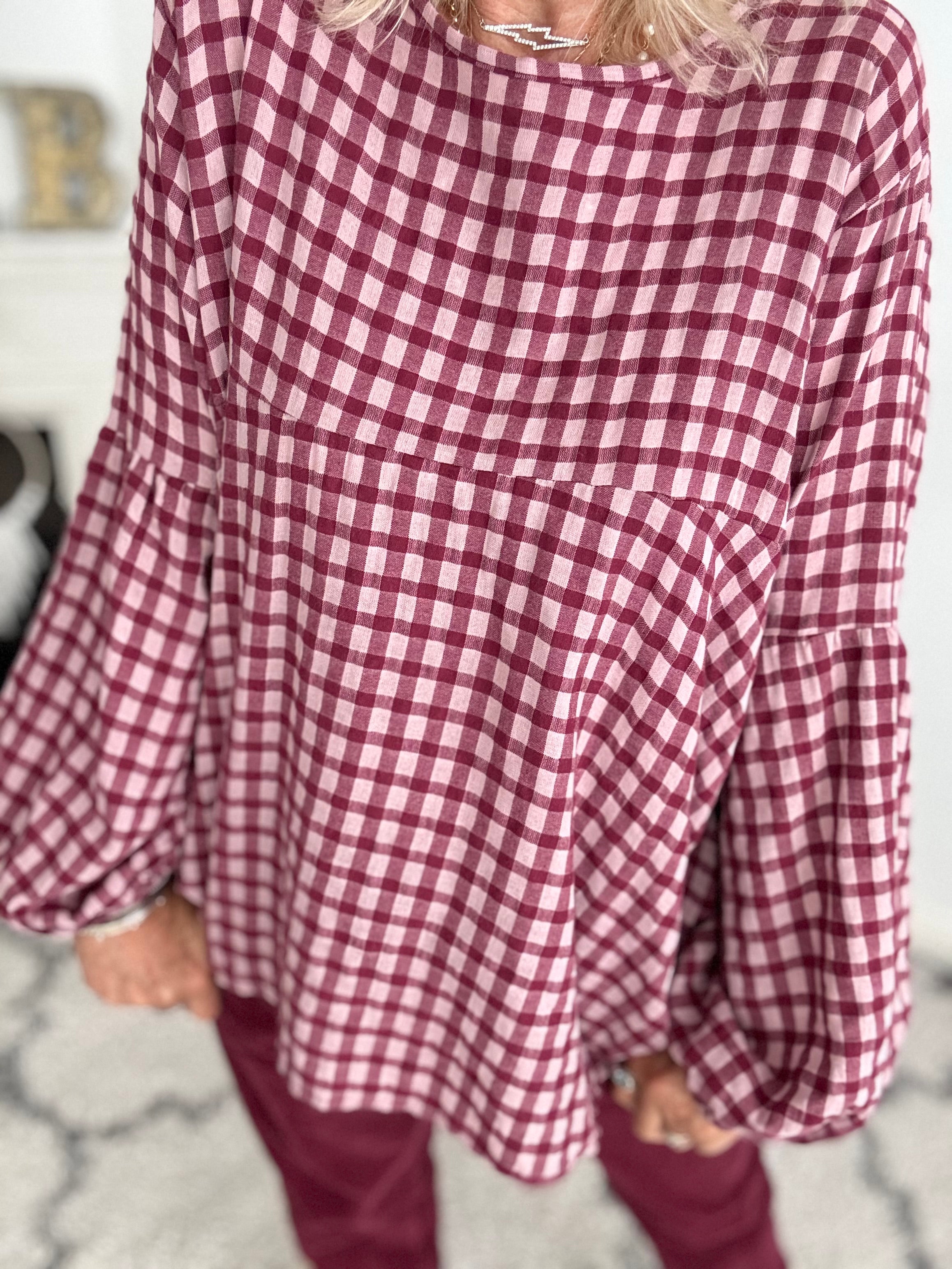 Oversized Check Top in Berry