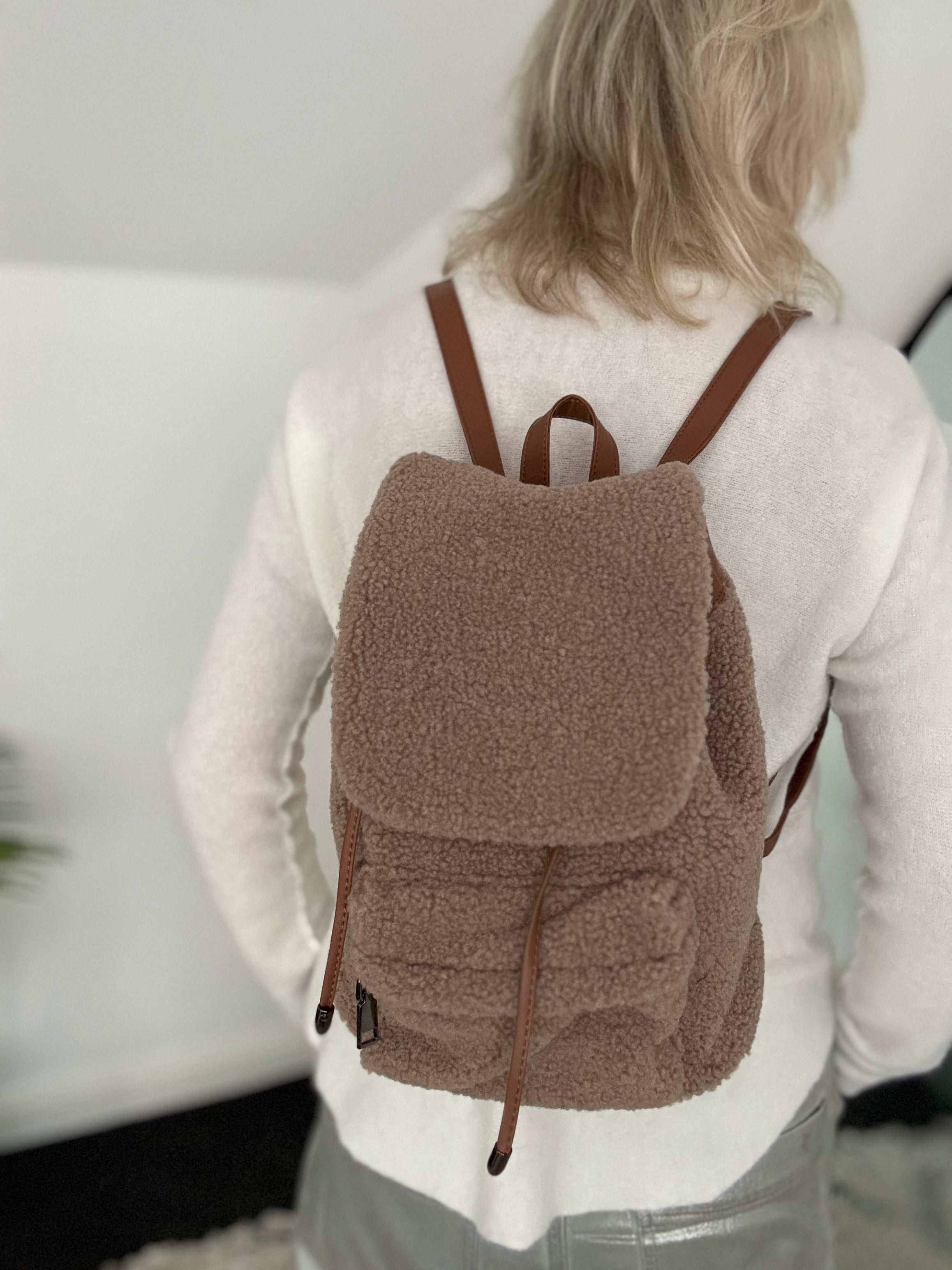 Borg & Vegan Leather Backpack Bag in Mocha