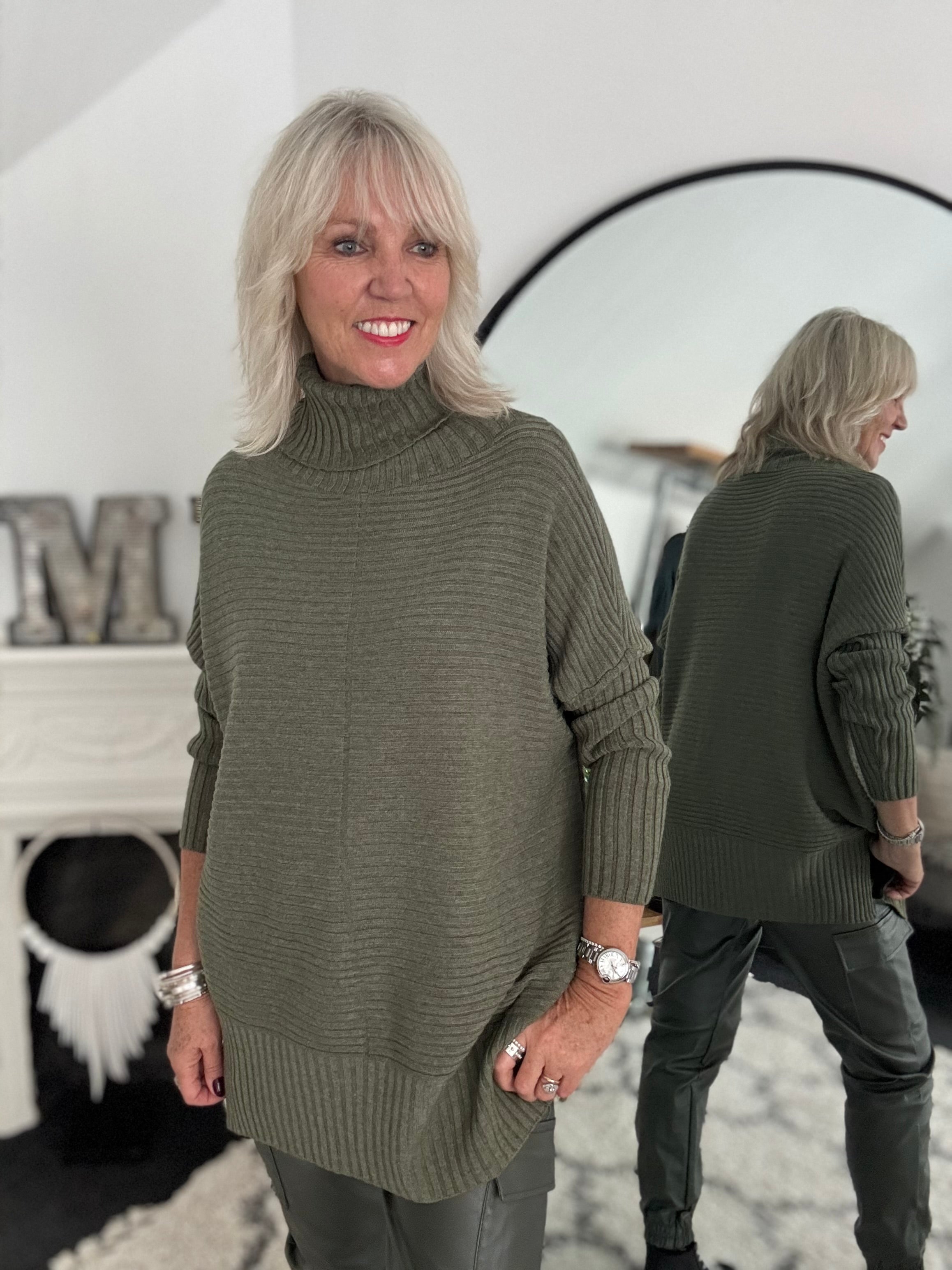 Ribbed Roll Neck Poncho Jumper in Khaki