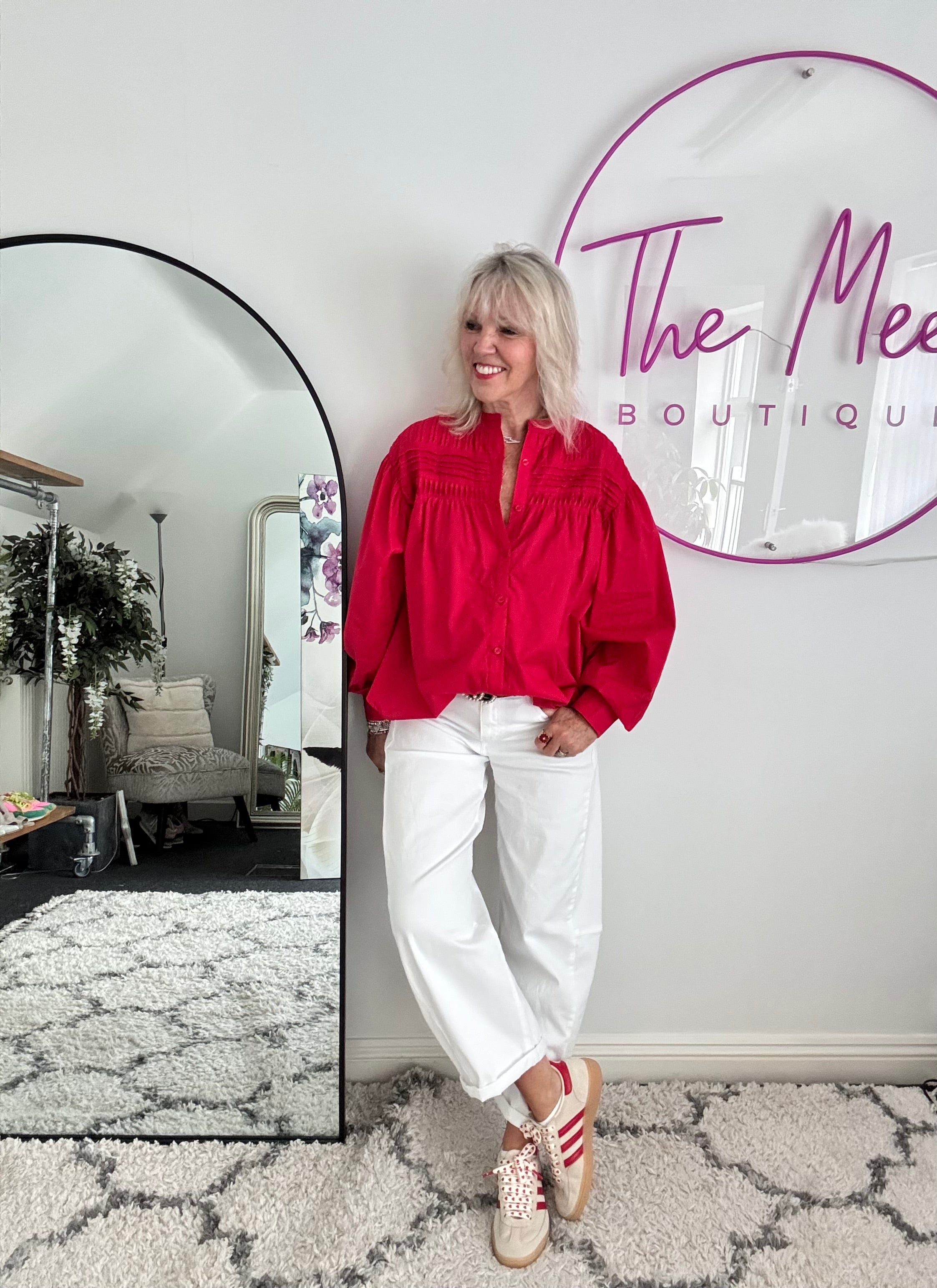 Pintucked Cotton Shirt in Red