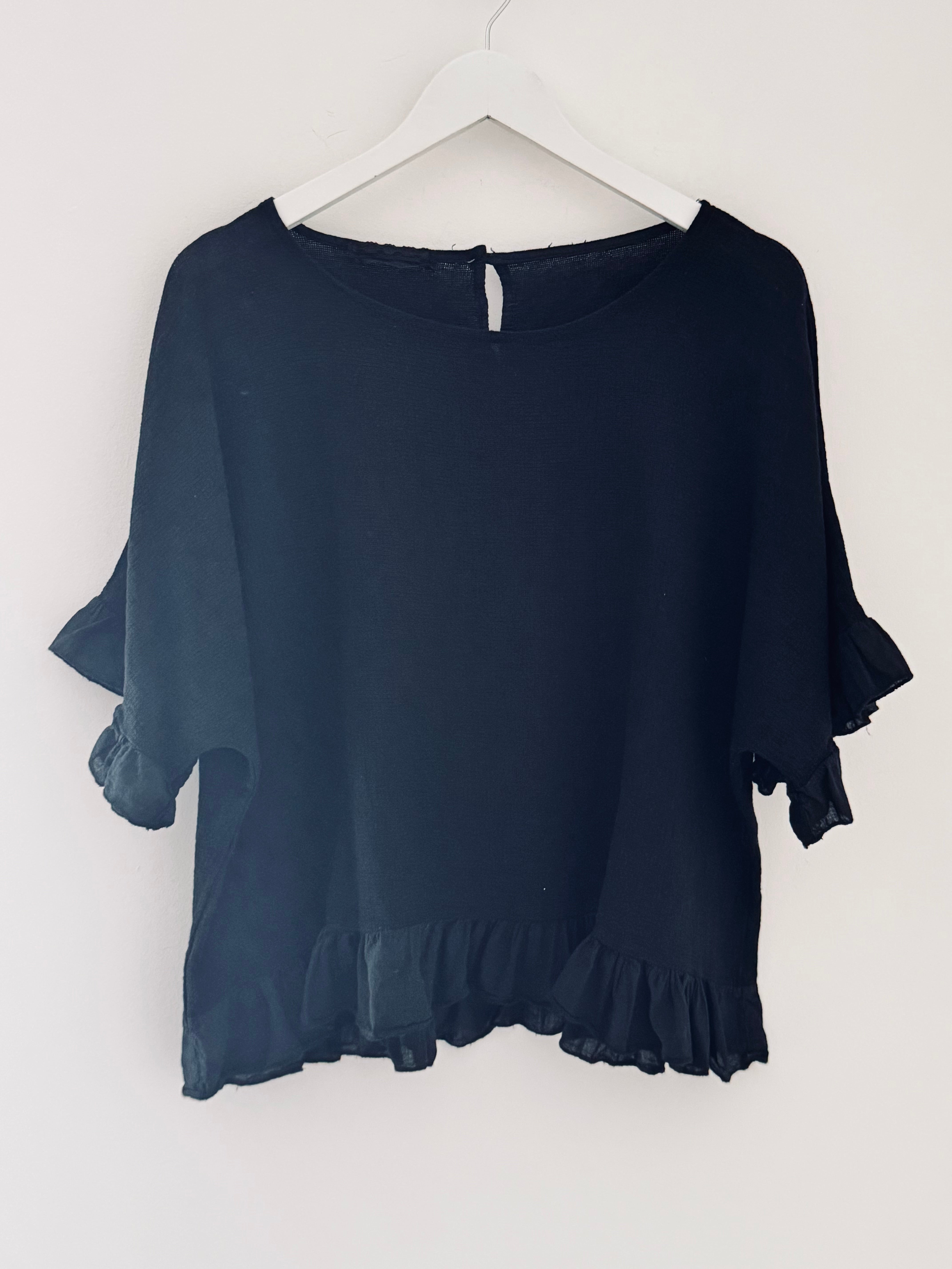 Linen & Cotton Ruffle Edge Top in Black