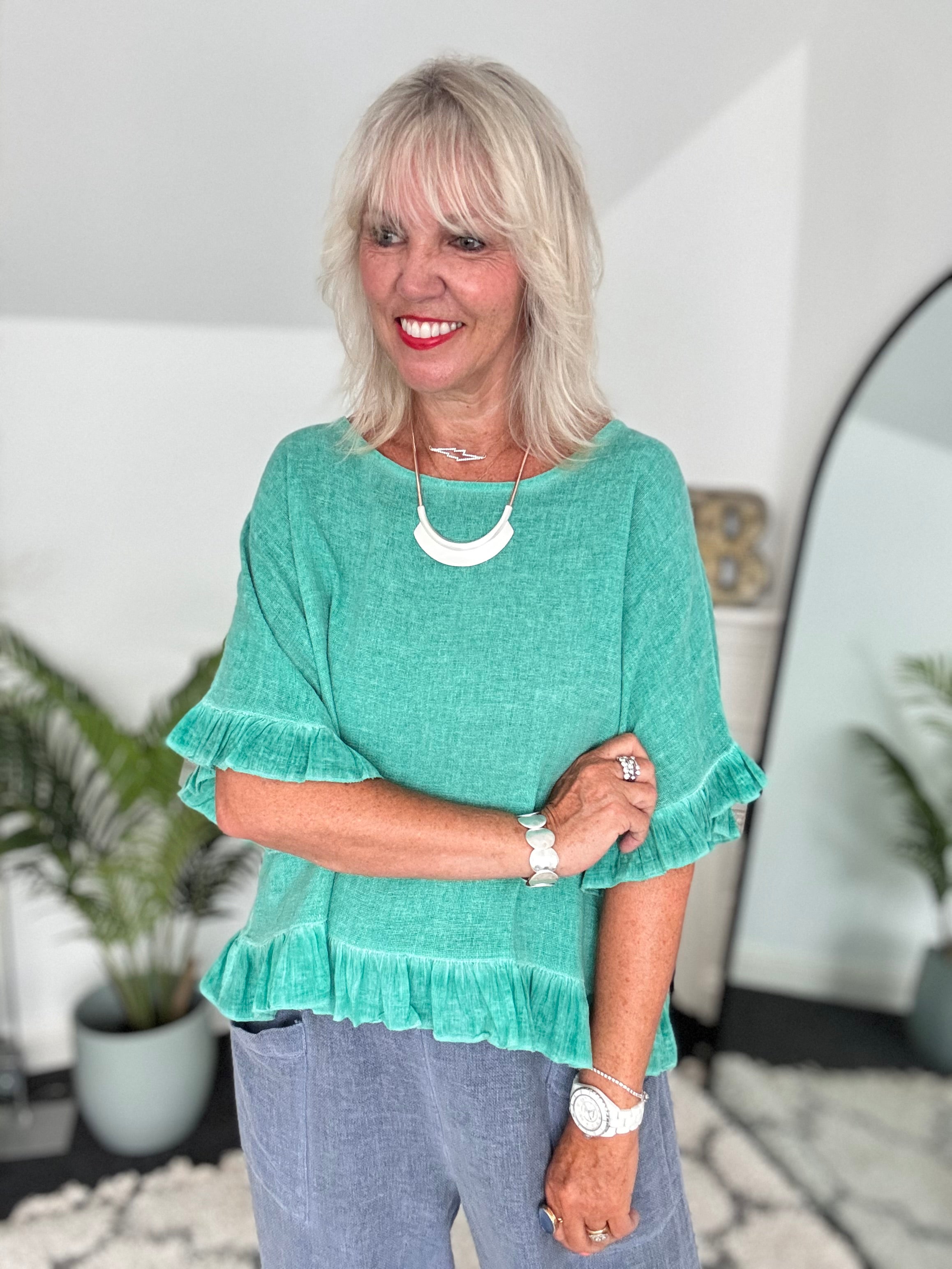 Linen & Cotton Ruffle Edge Top in Ocean Green