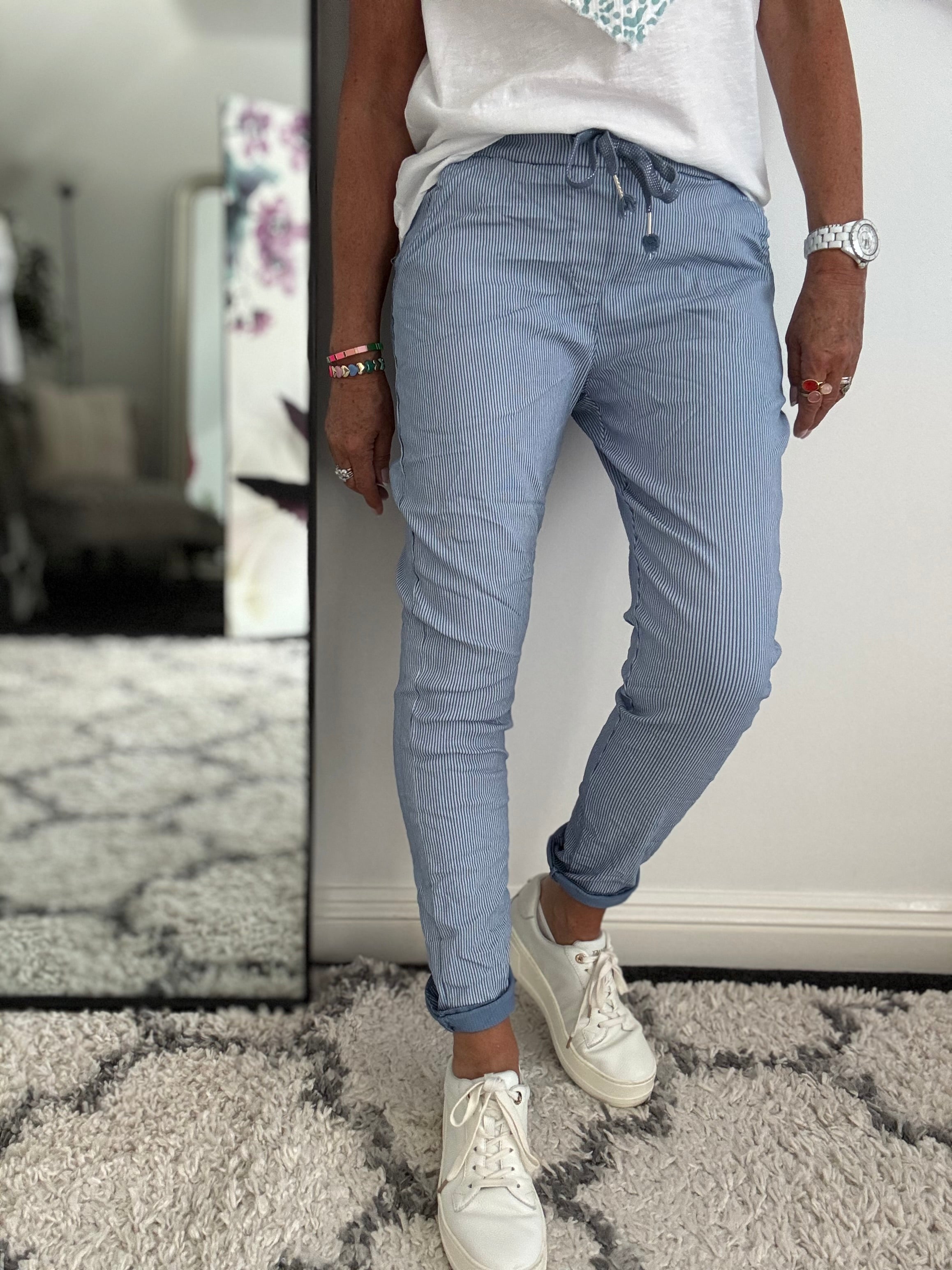 Slimfit Pinstripe Stretch Joggers in Light Blue