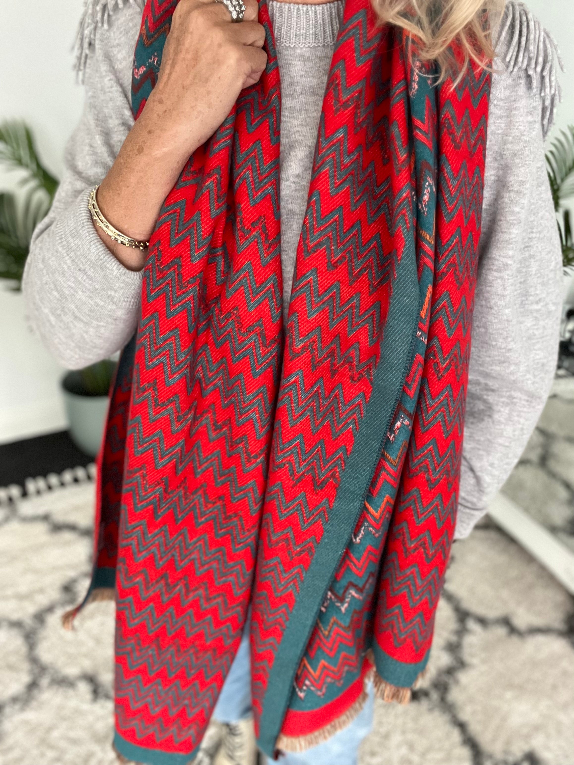 Teal & Red Zig Zag Knitted Scarf