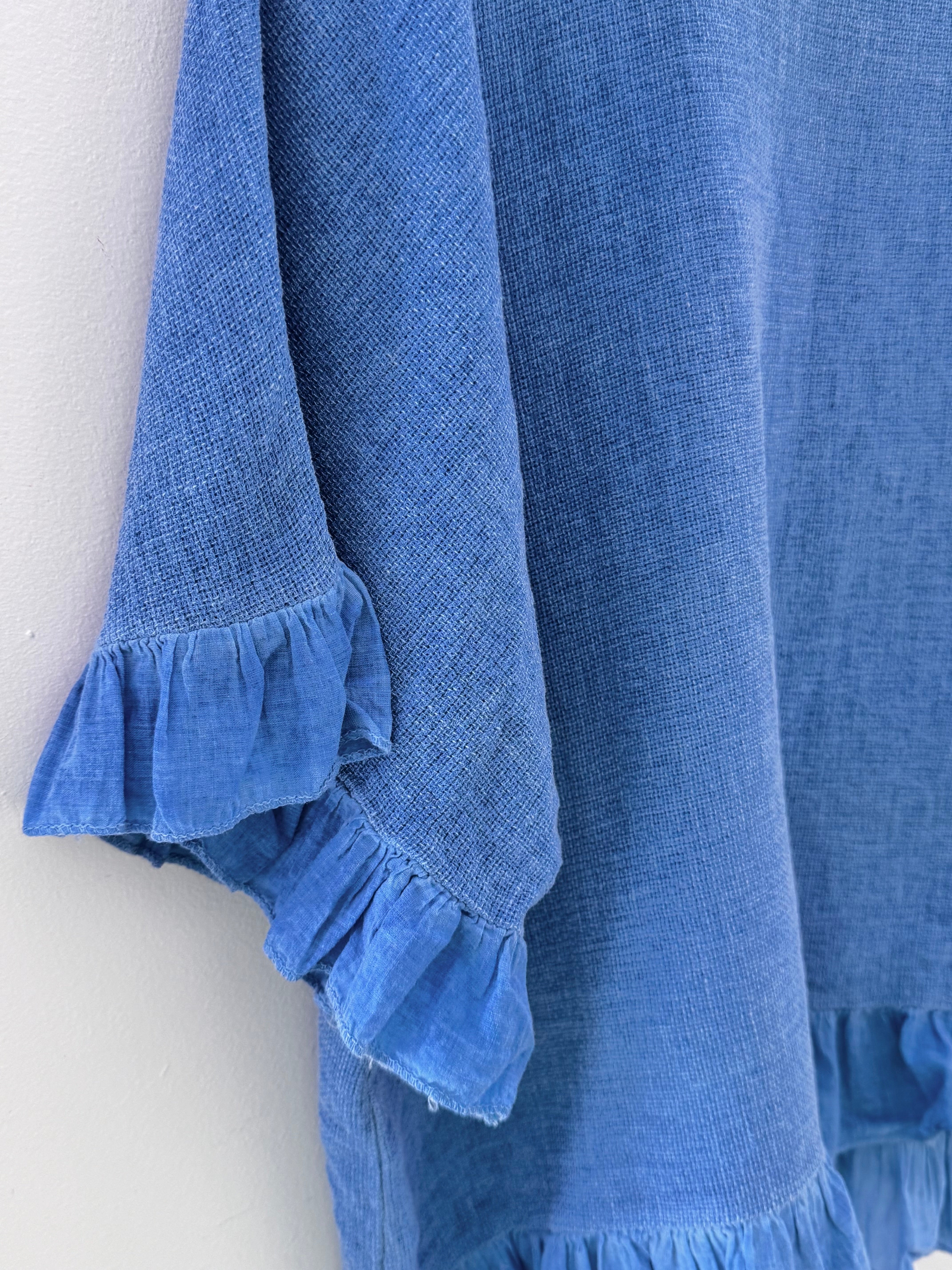 Linen & Cotton Ruffle Edge Top in Sky Blue