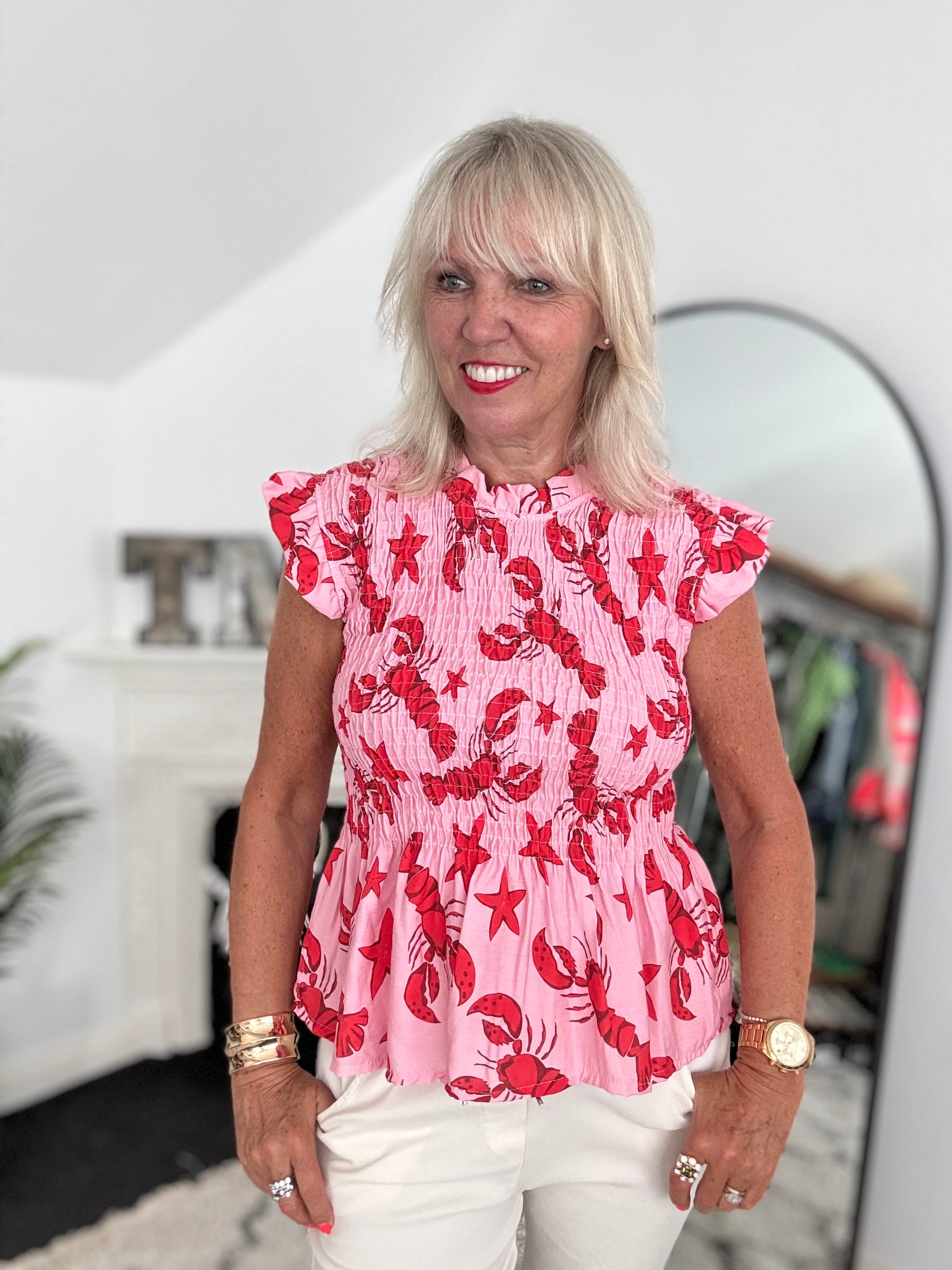 Shirred Lobster Top in Pink & Red