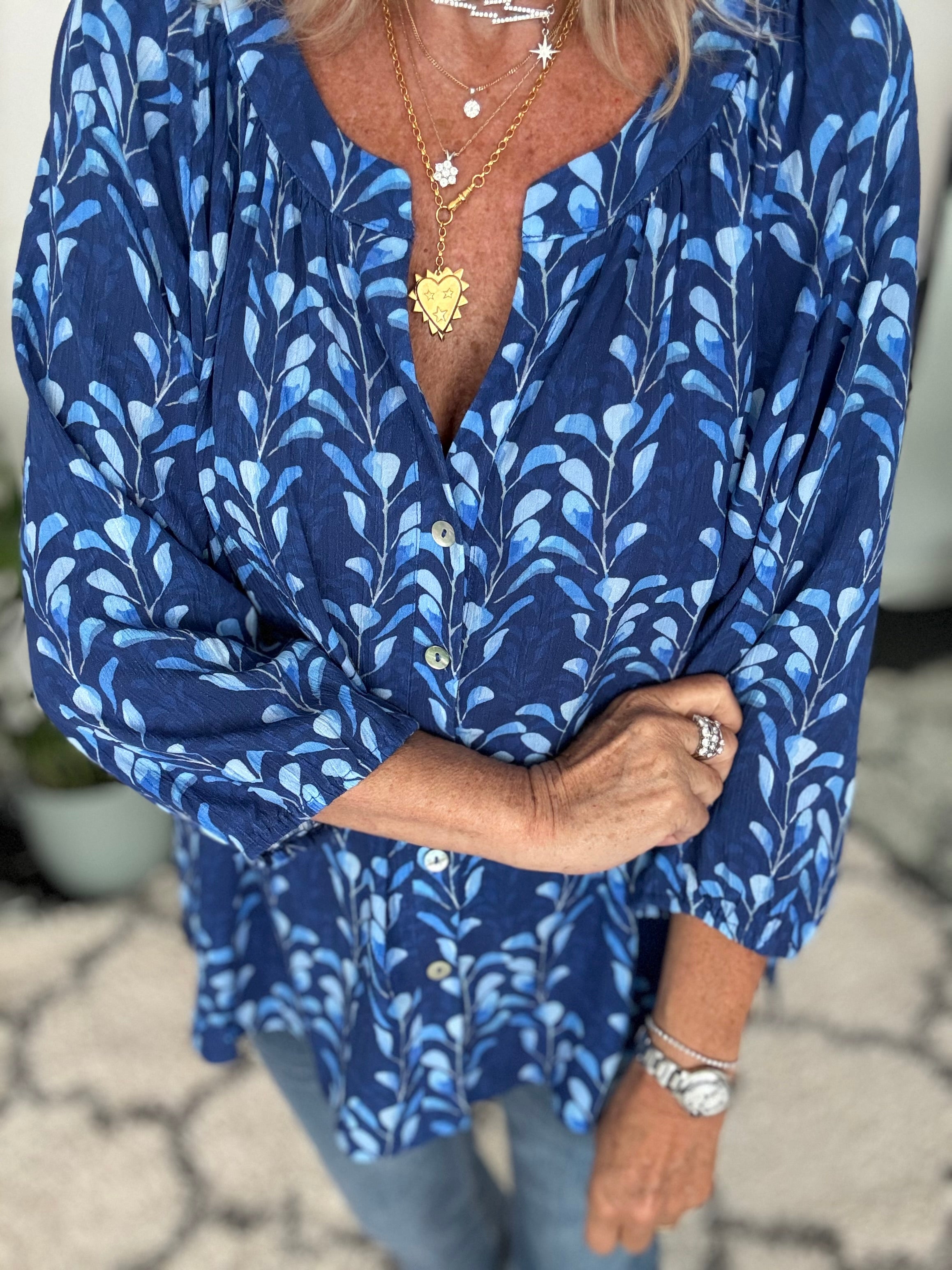 Leaf Print Blouse in Blue