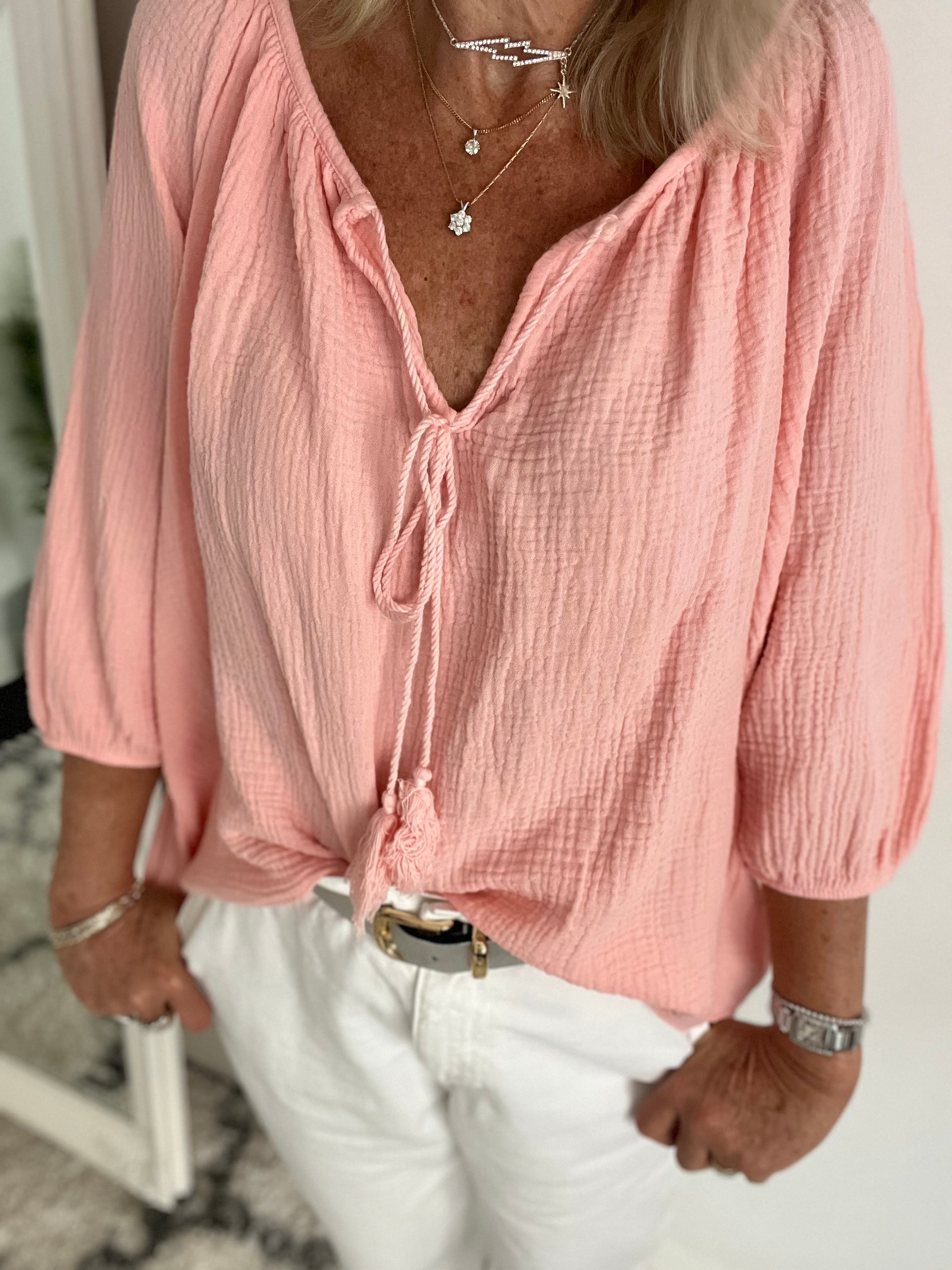 Cheesecloth Tassel Blouse in Coral Pink