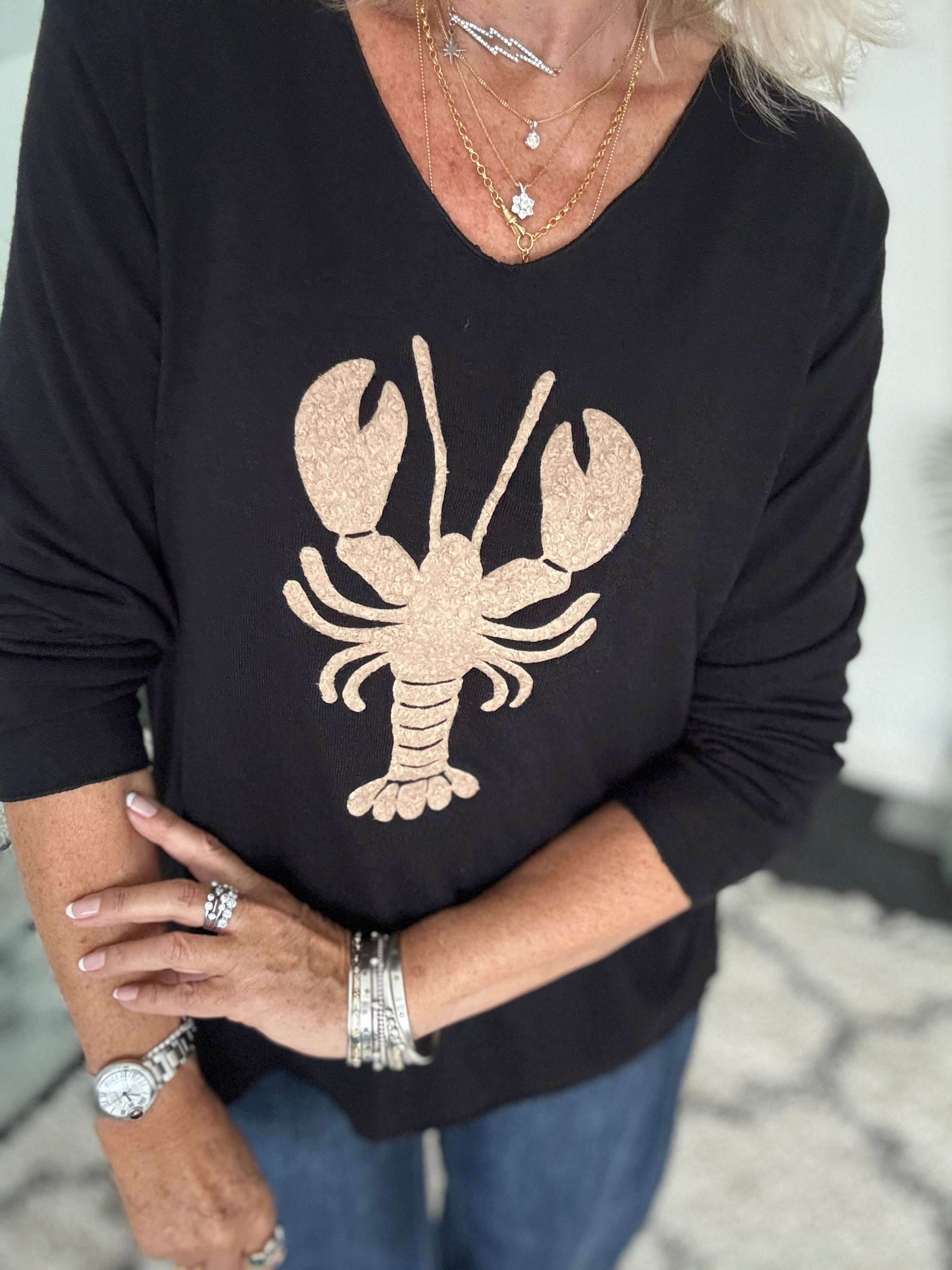 Soft V Neck Lobster Knit in Black