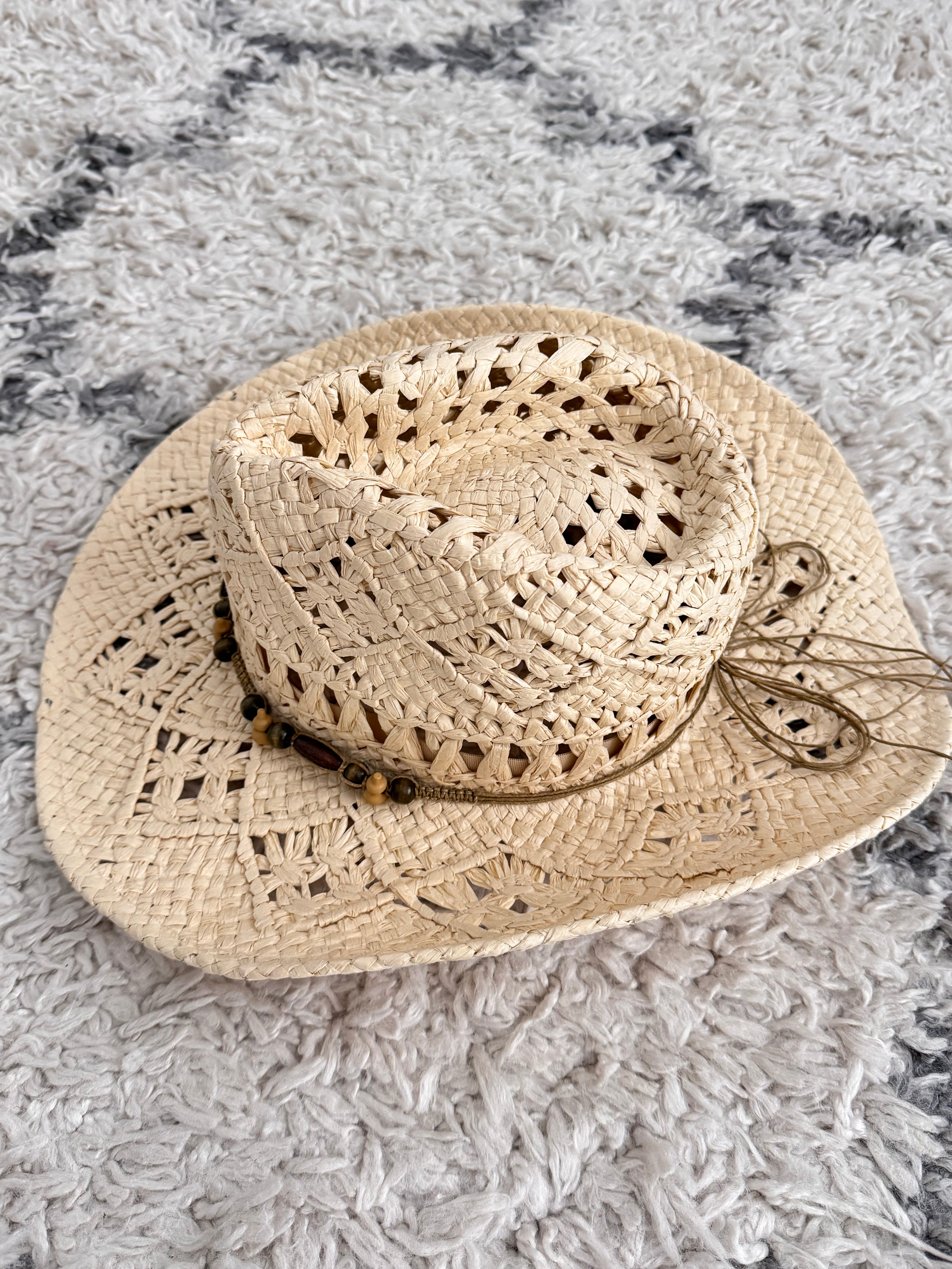 Straw Hat with Wooden Bead Tie