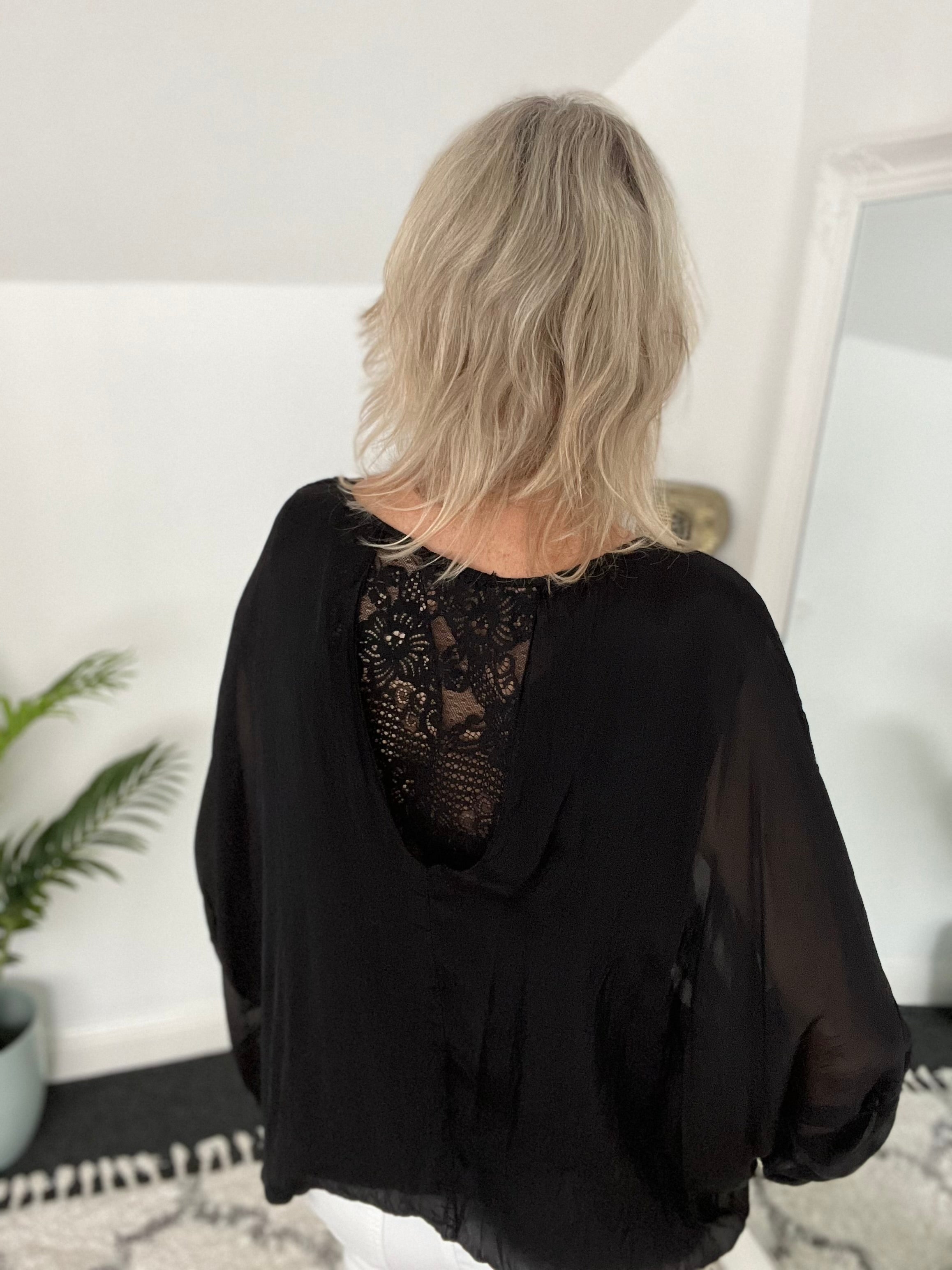 Silk Blouse with Embroidered Flowers in Black