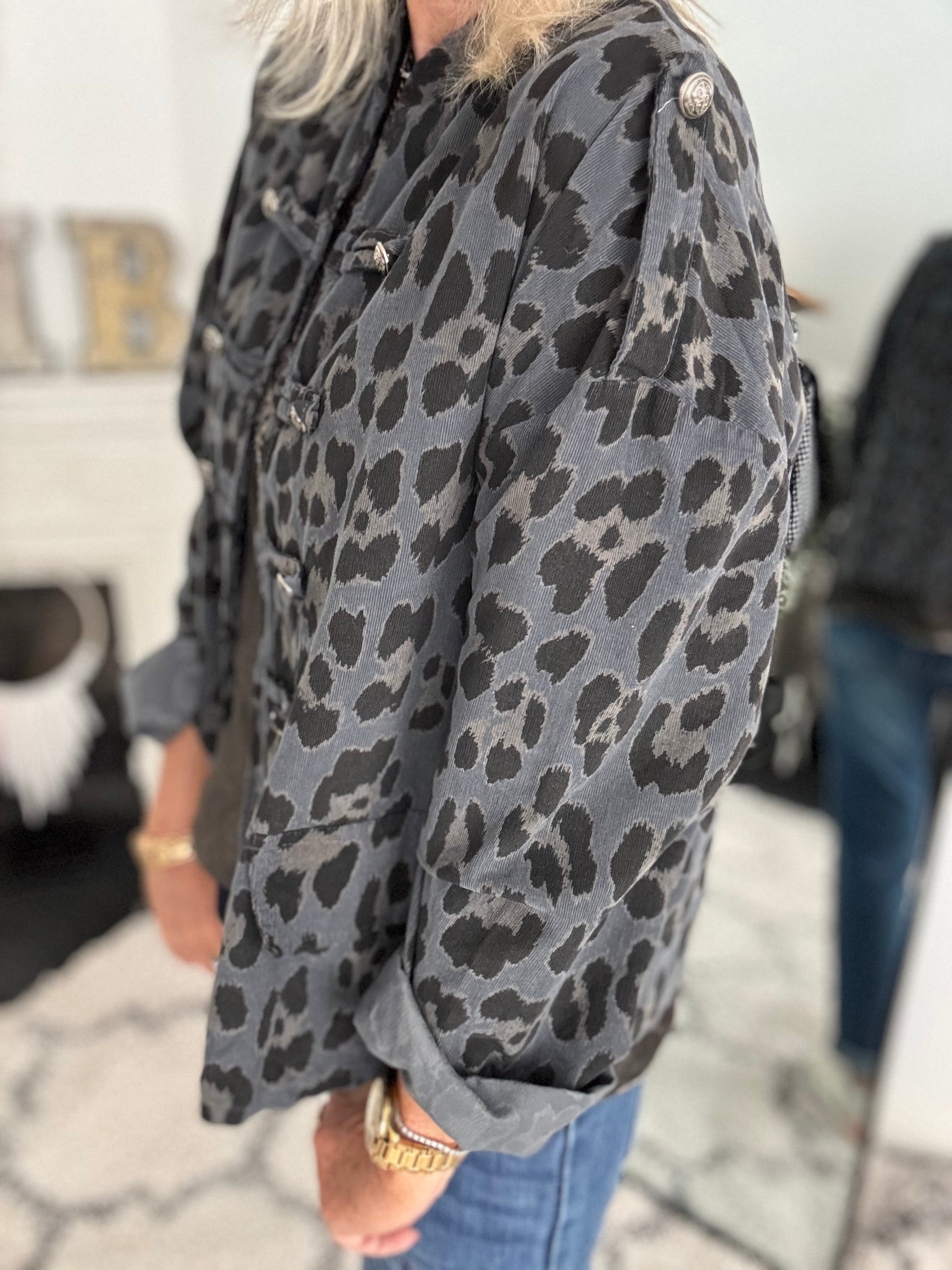 Needlecord Military Jacket in Grey Leopard
