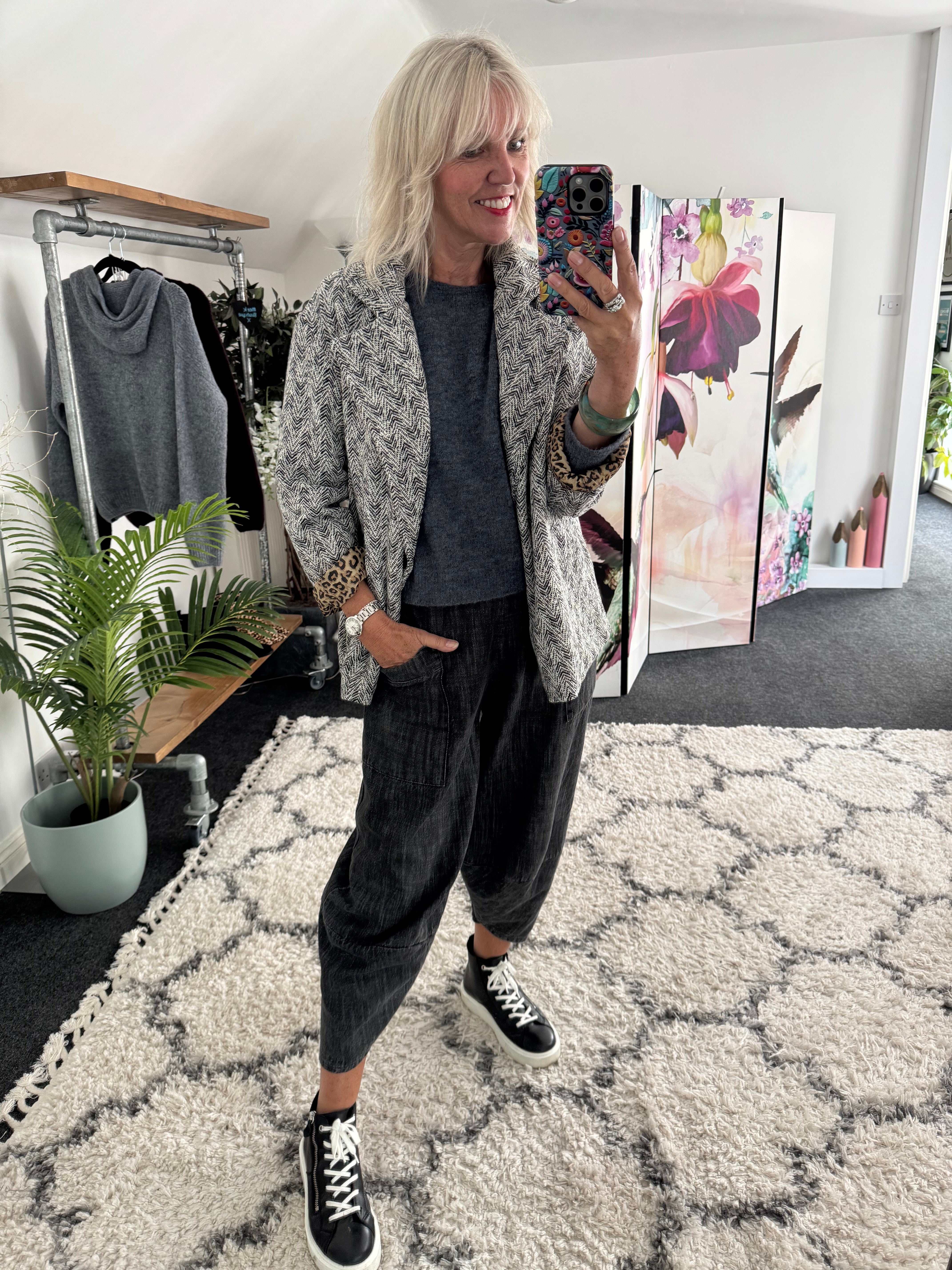 Grey Tweed Boyfriend Jacket with Leopard Lining