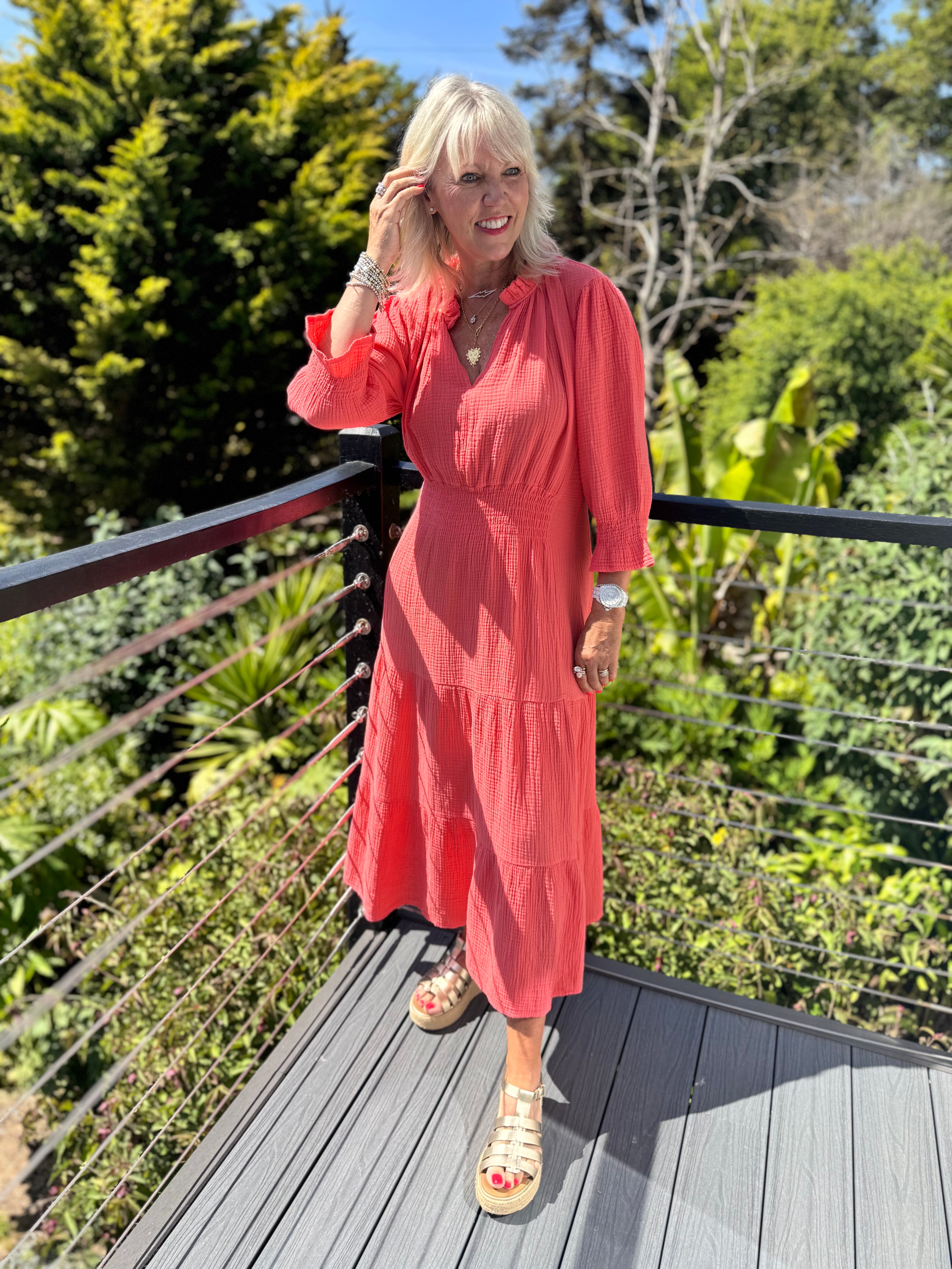 Cheesecloth Midi Dress in Coral
