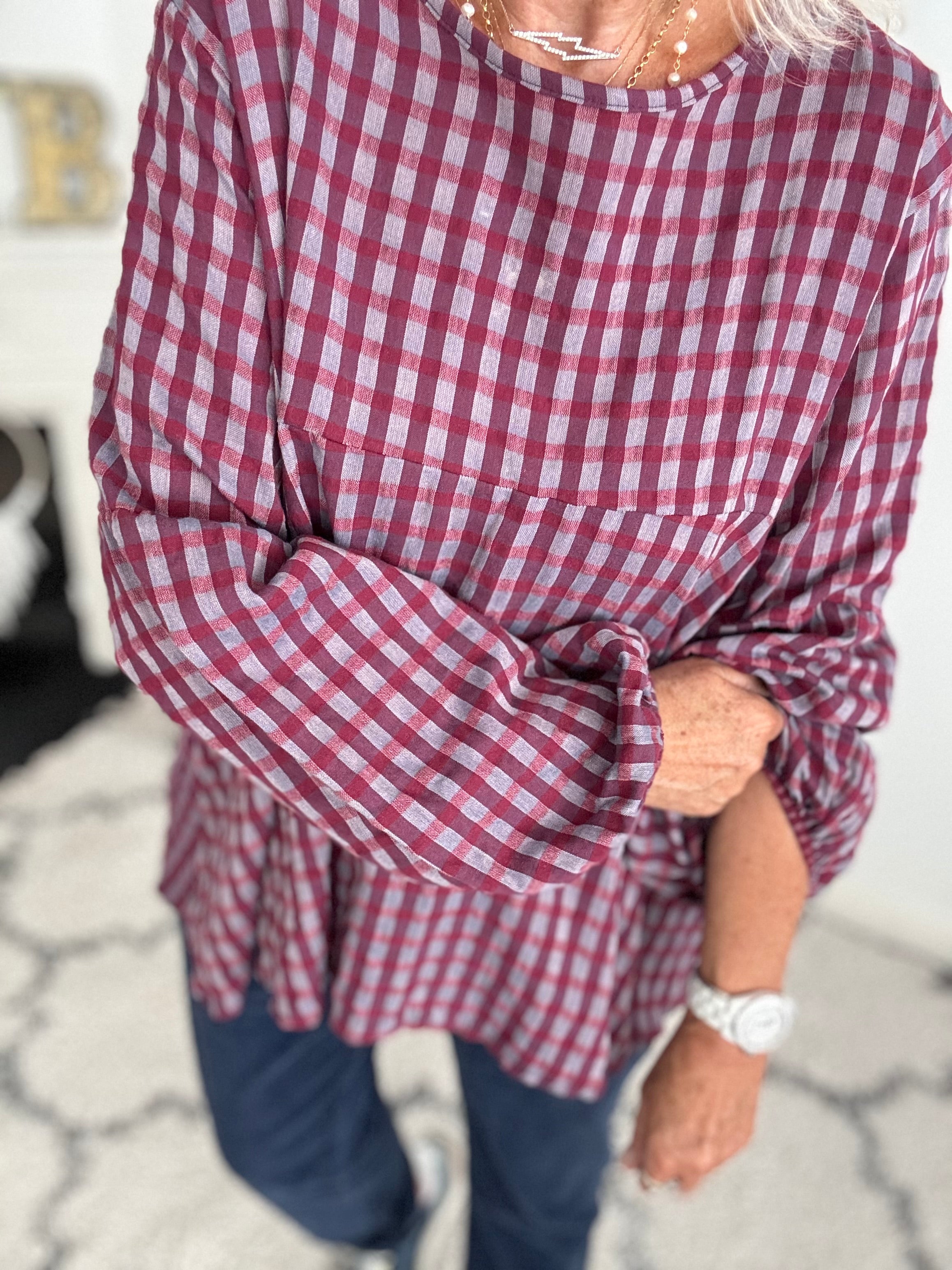 Oversized Check Top in Plum
