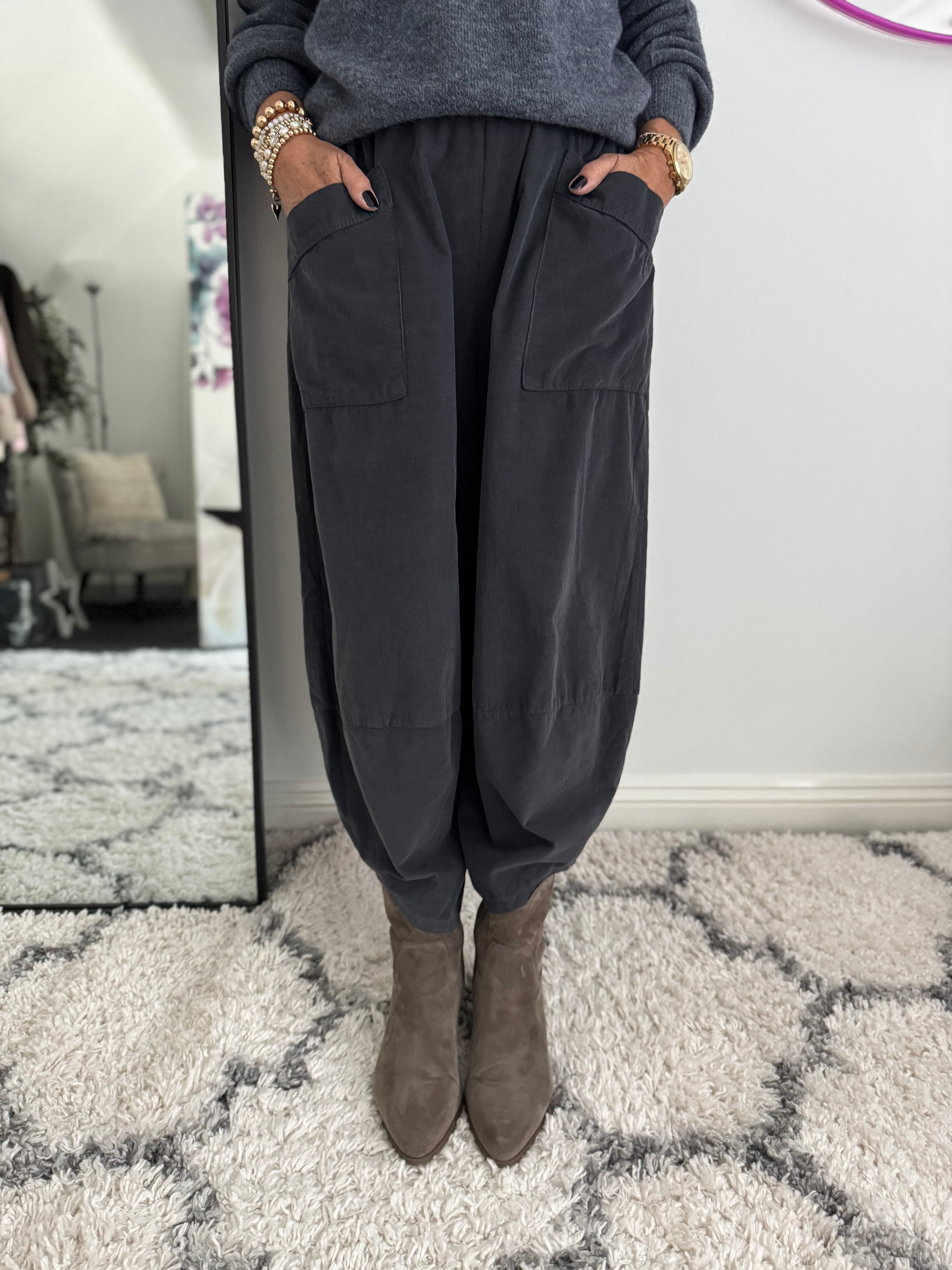 Cord Barrel Leg Trousers in Charcoal
