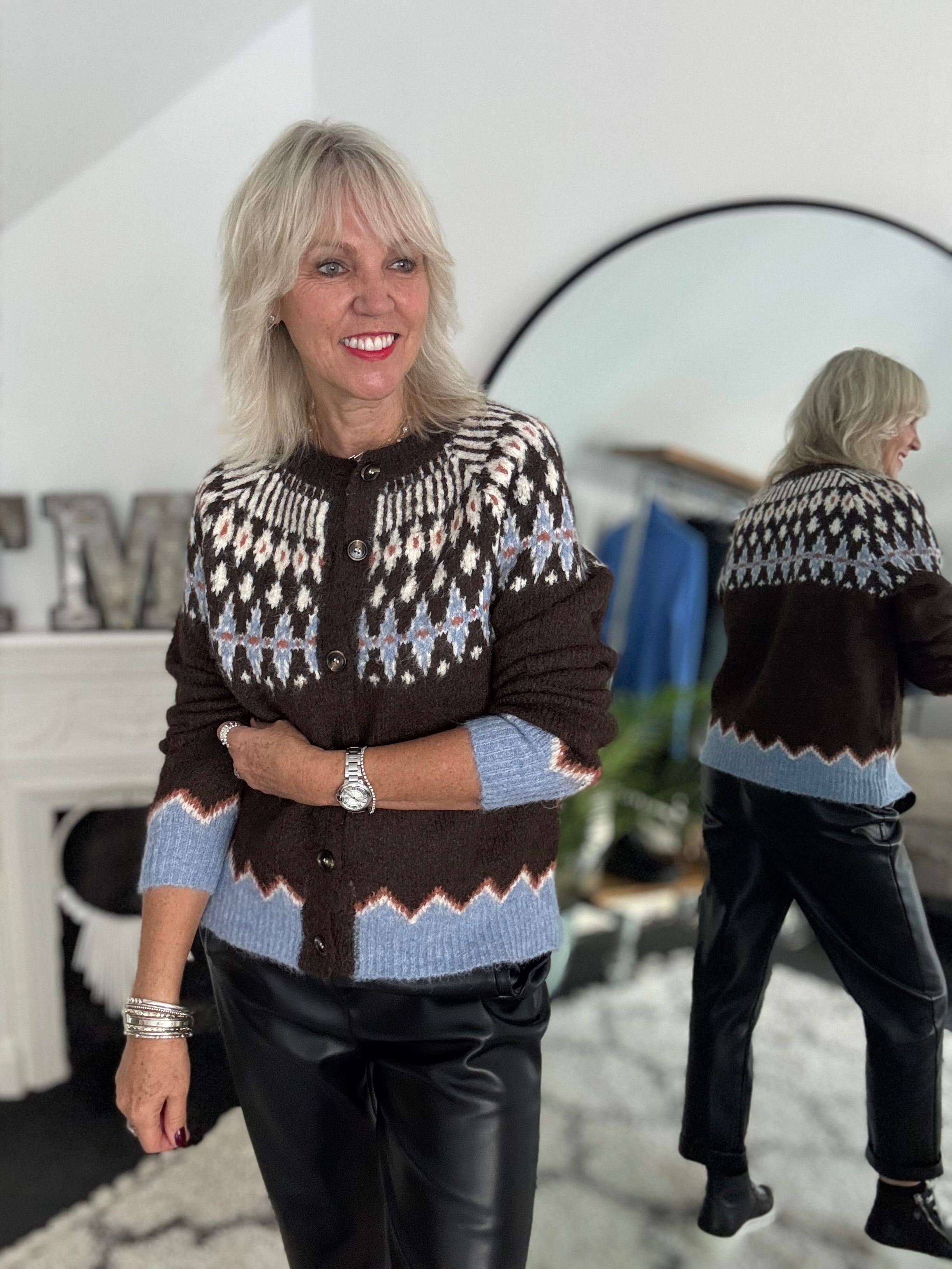 Fair Isle Cardi in Chocolate & Blue