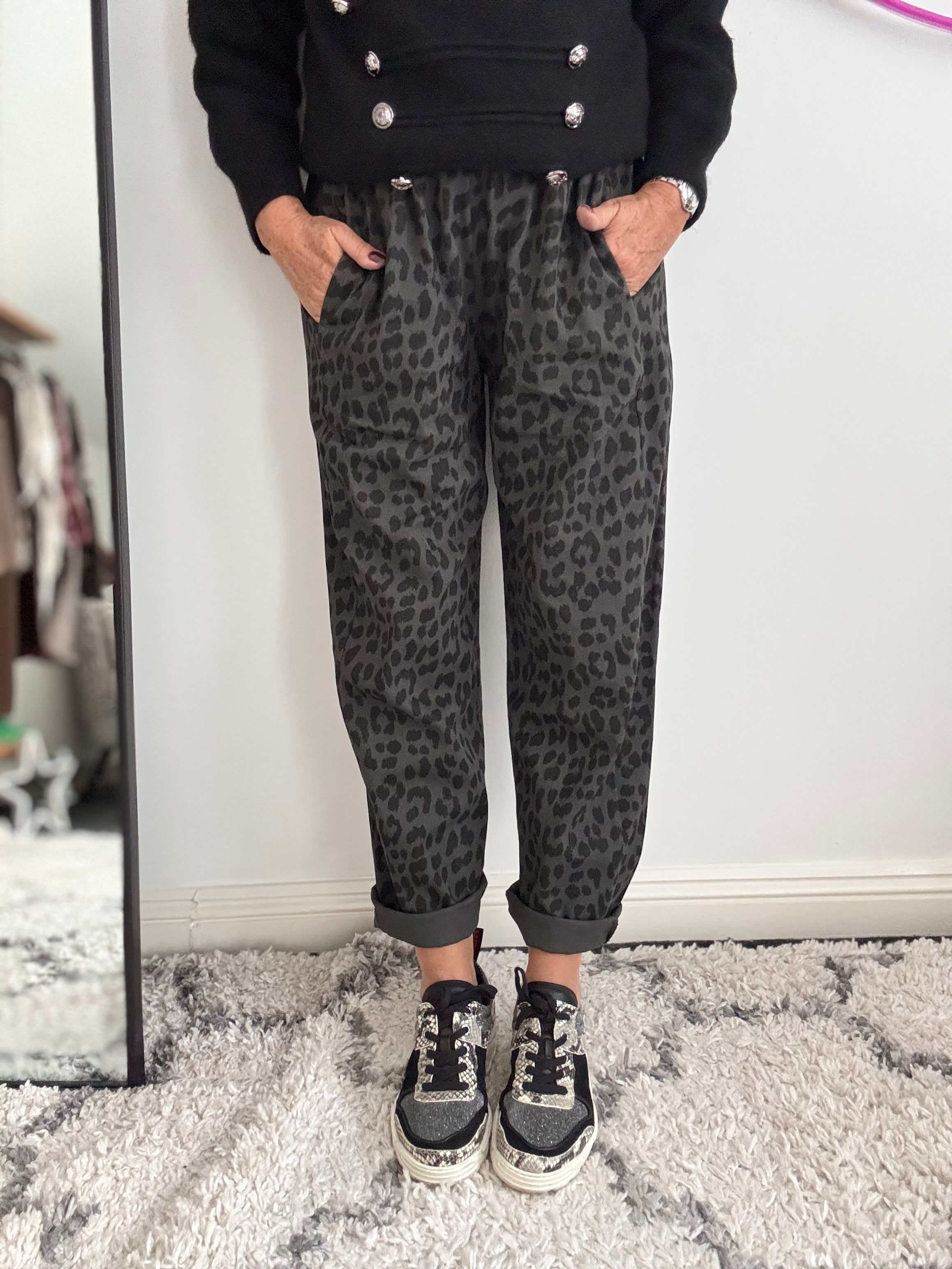 Animal Print Trousers in Charcoal Leopard