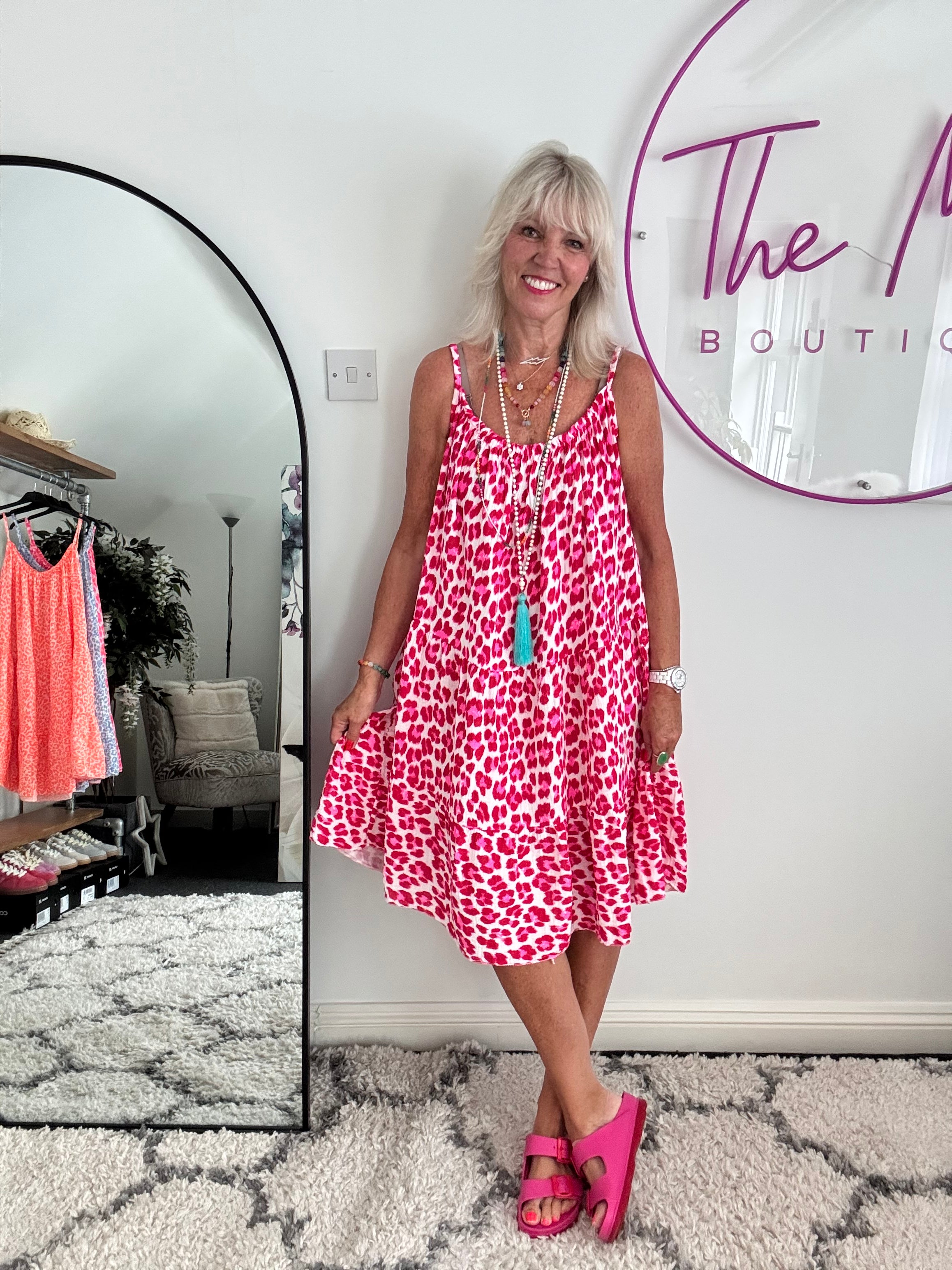 Leopard Cheesecloth Dress in Red & Pink