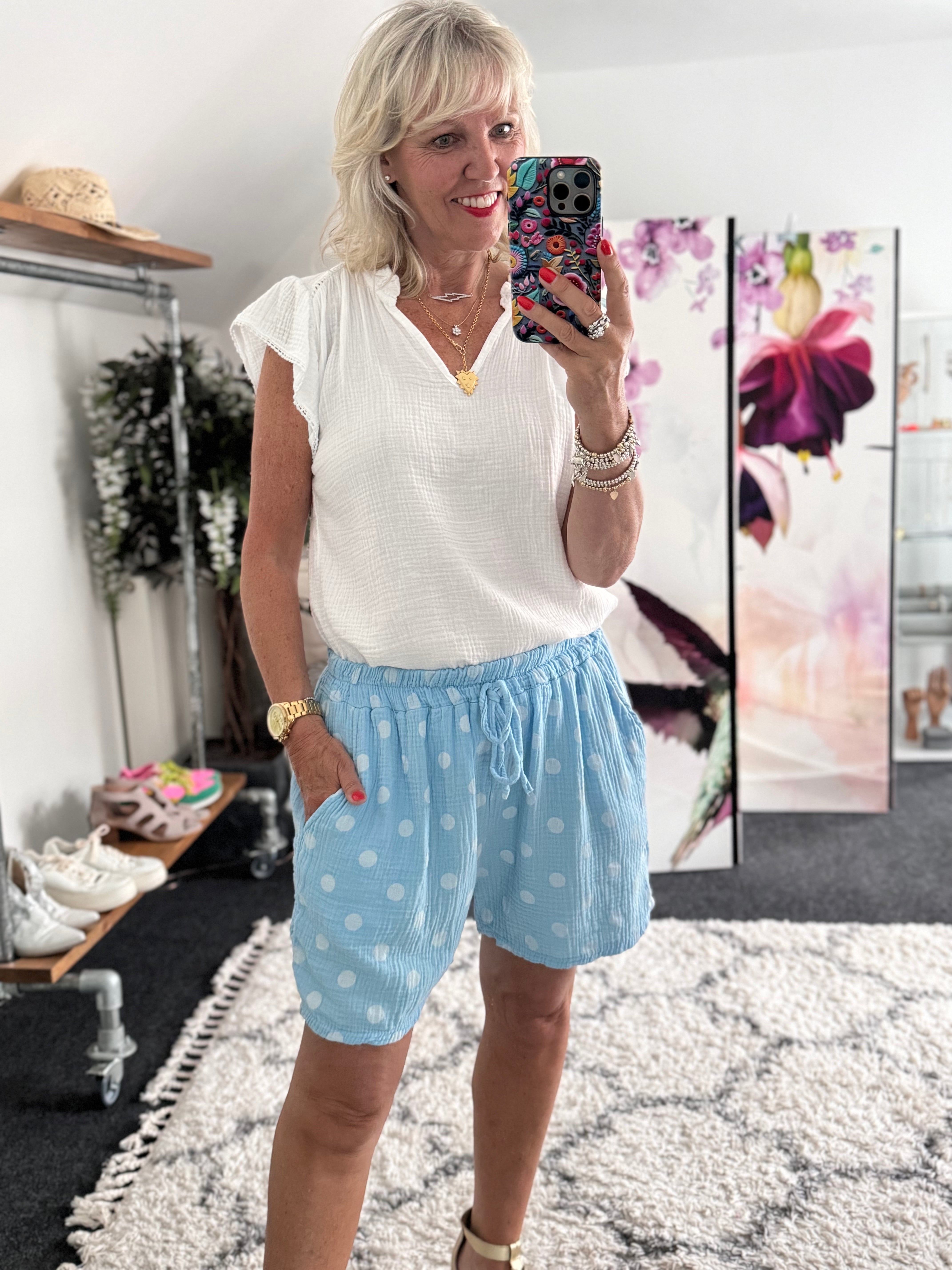 Cheesecloth Spot Shorts in Blue & White