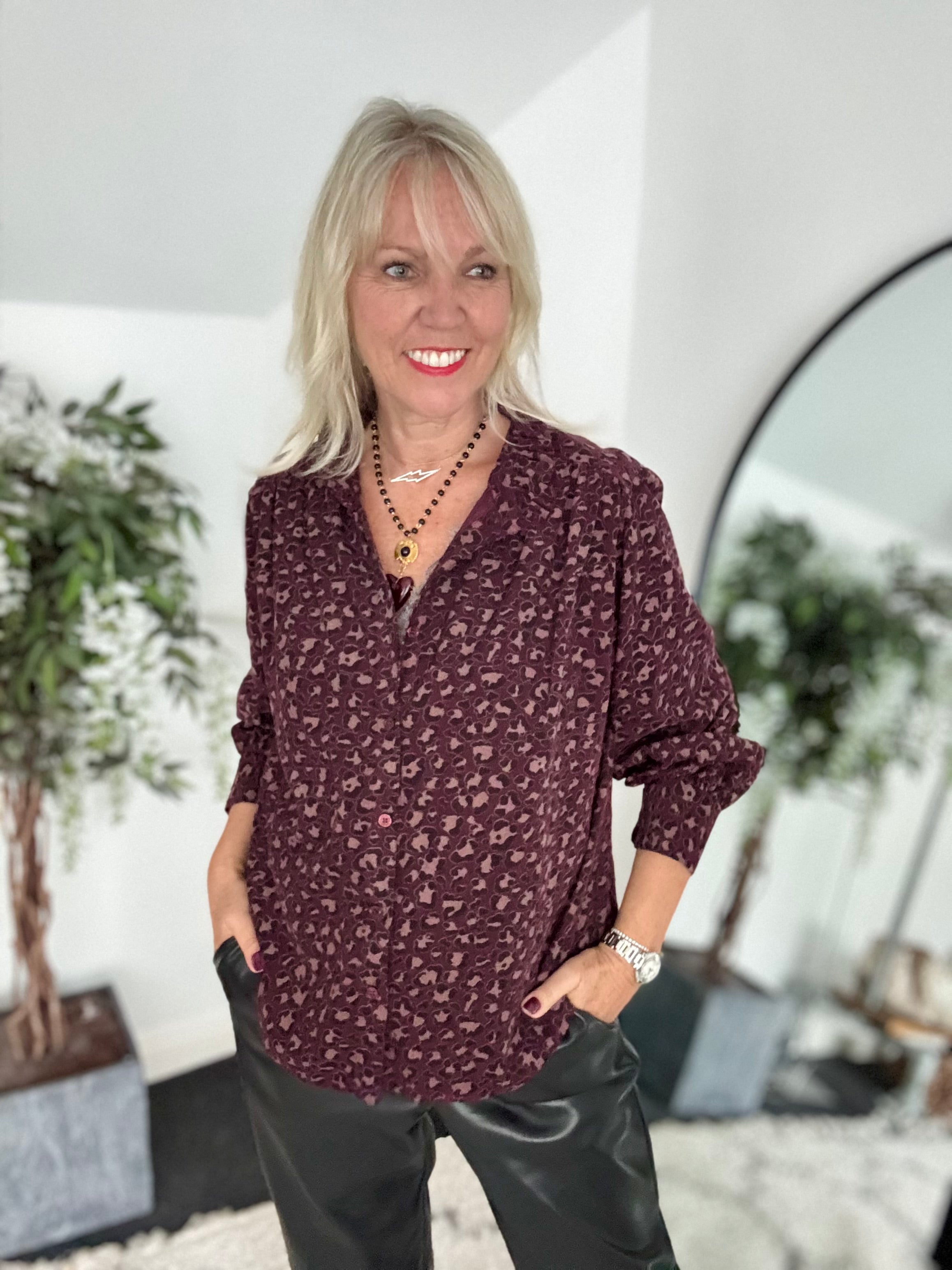 Needlecord Ruffle Blouse in Damson Leopard