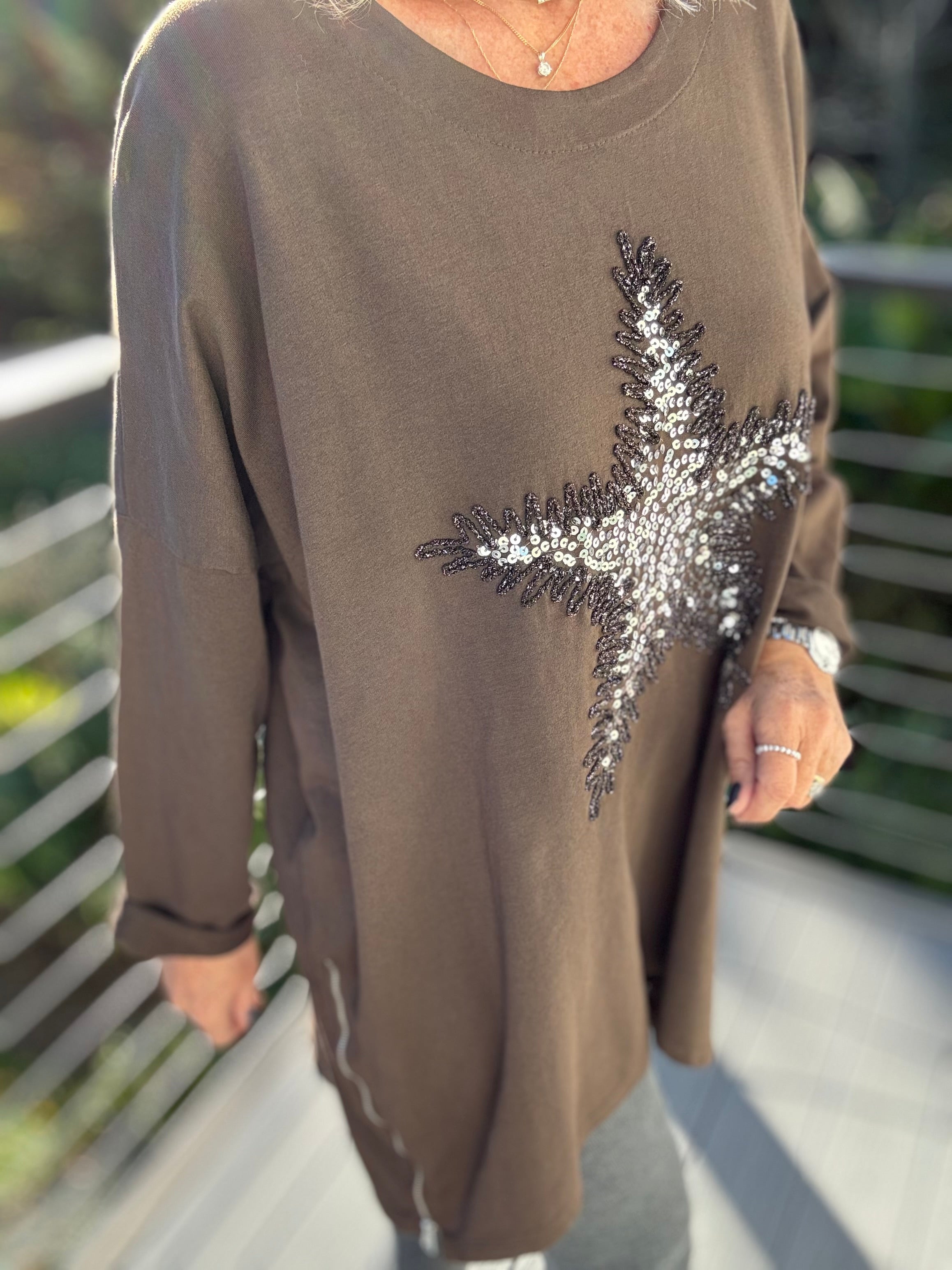 Star Sequin Sweatshirt in Chocolate