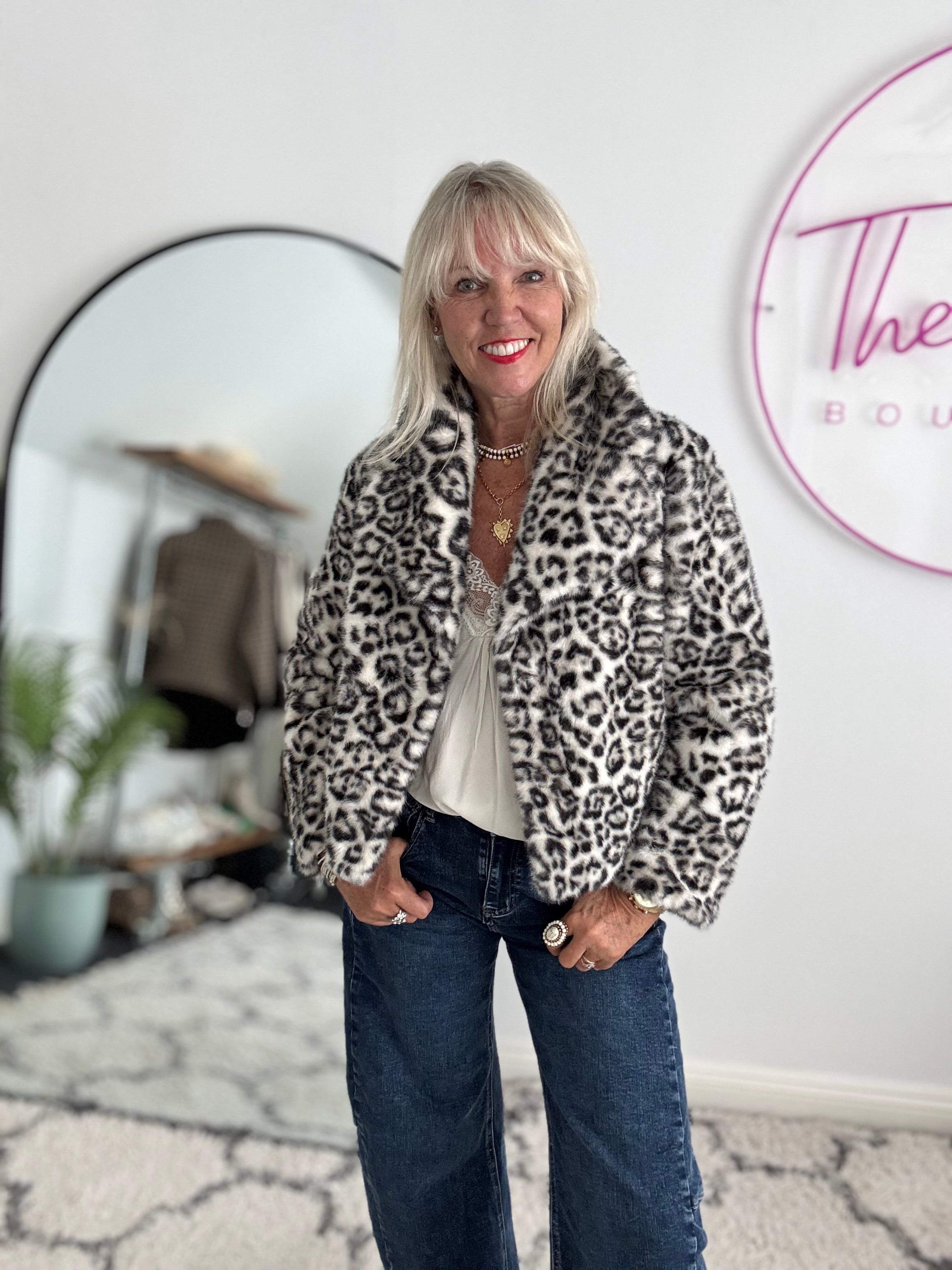 Snow Leopard Faux Fur Jacket