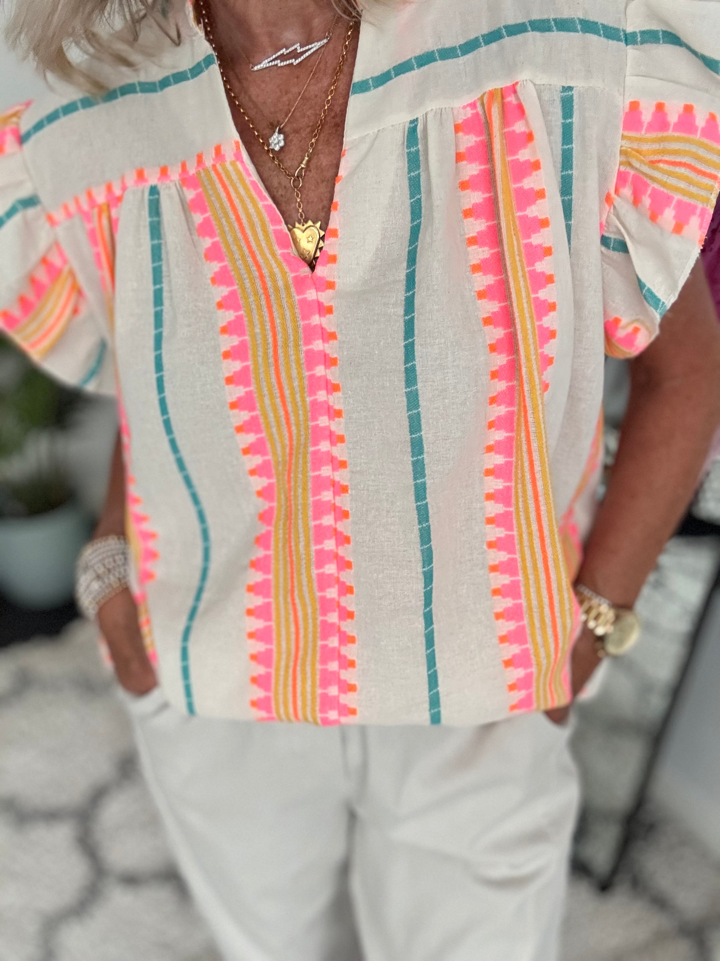Embroidered Top in Pink & Neon