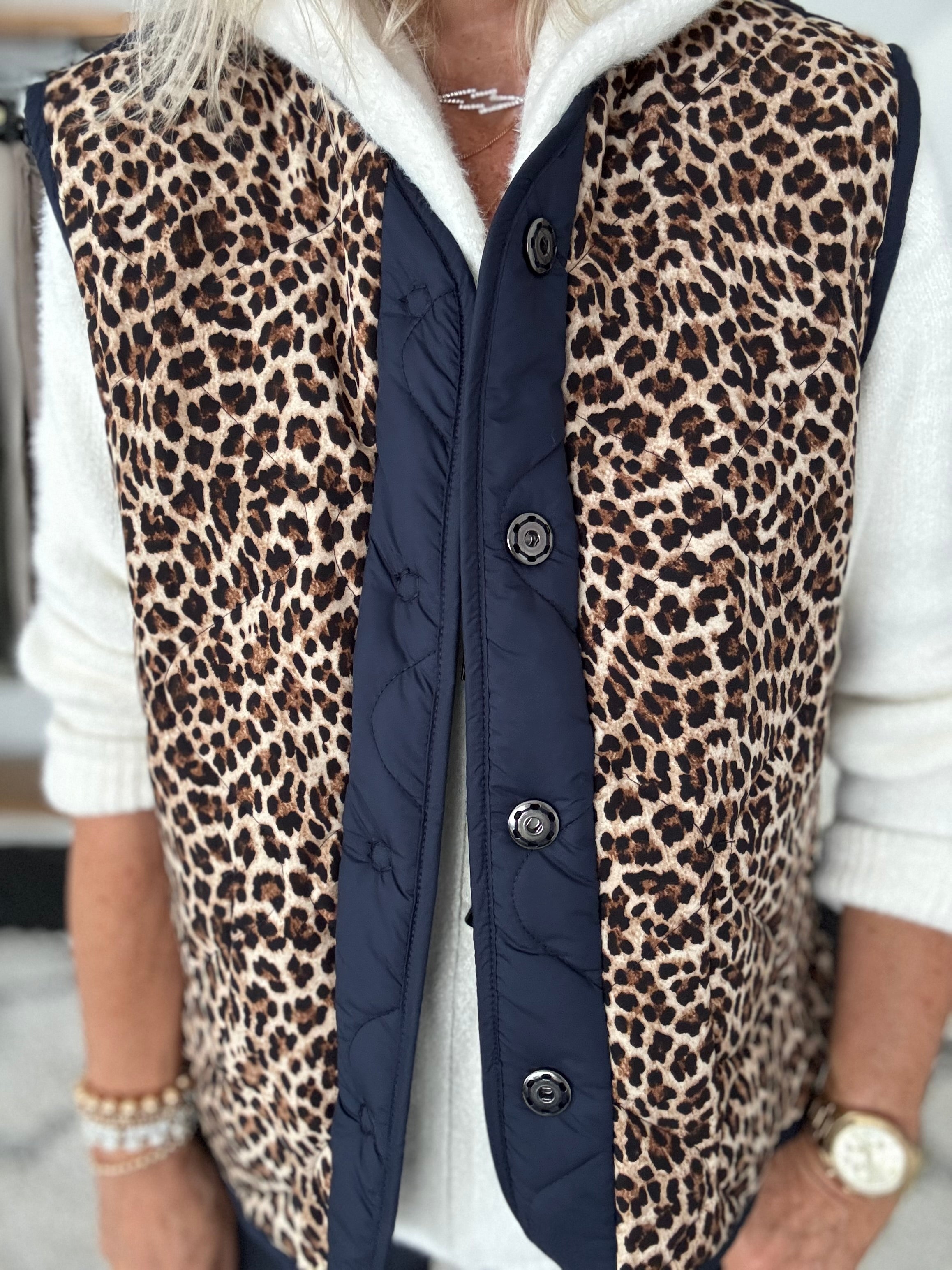 Reversible Quilted Gilet in Navy & Leopard
