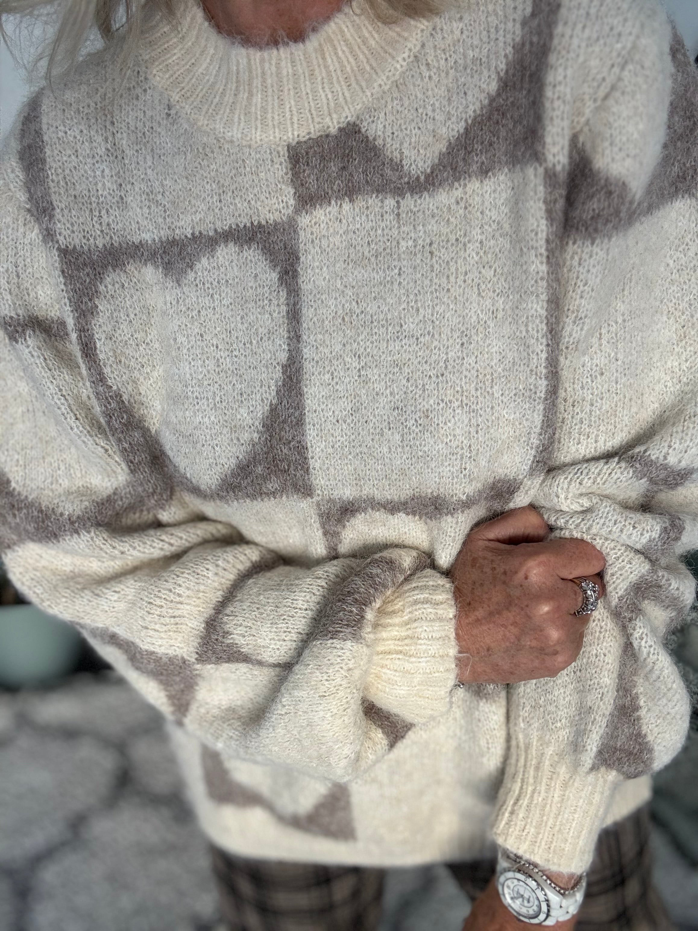 Heart & Squares Sweater in Ecru & Mocha