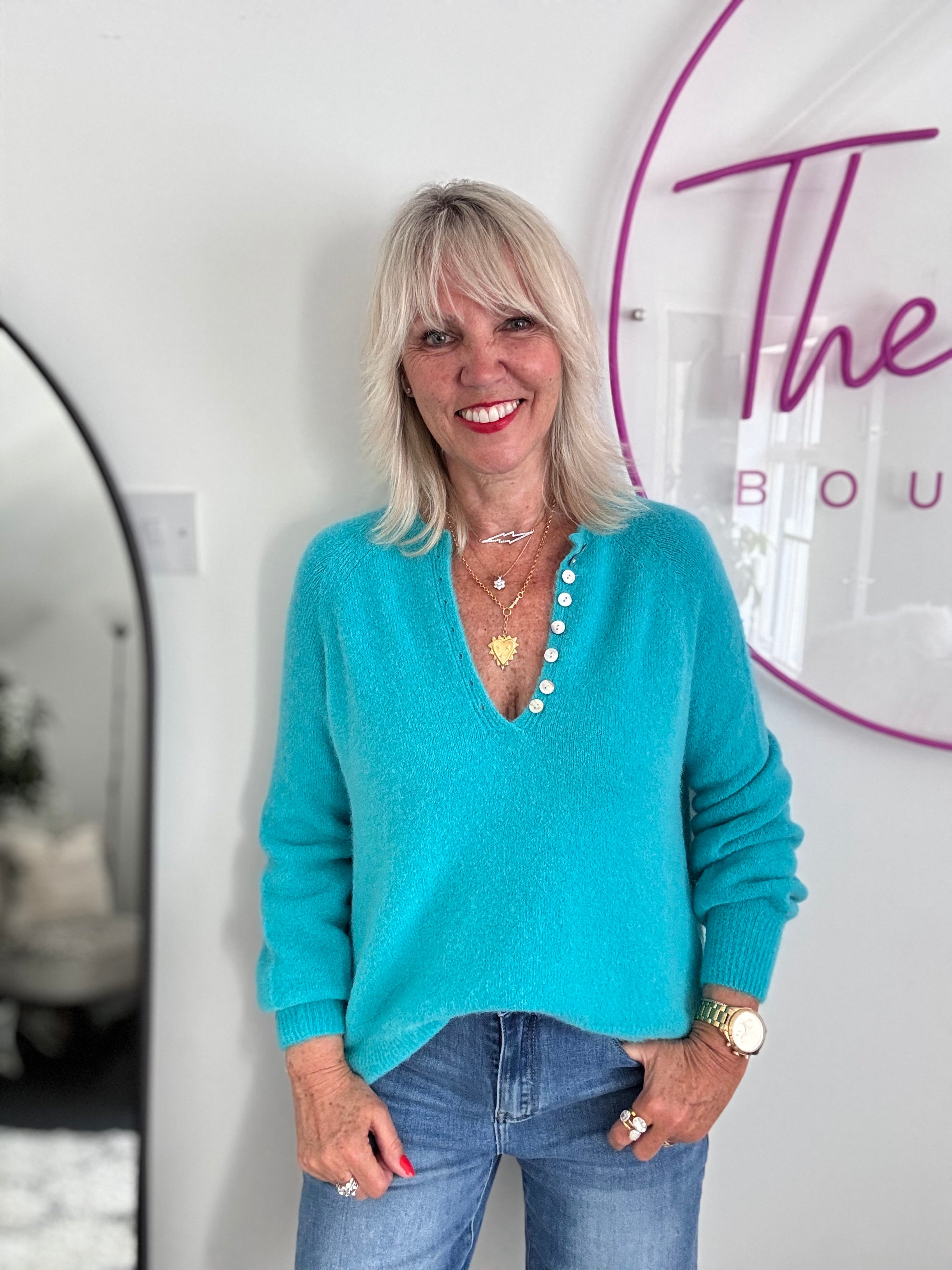 Softie Jumper with Button Neck in Turquoise