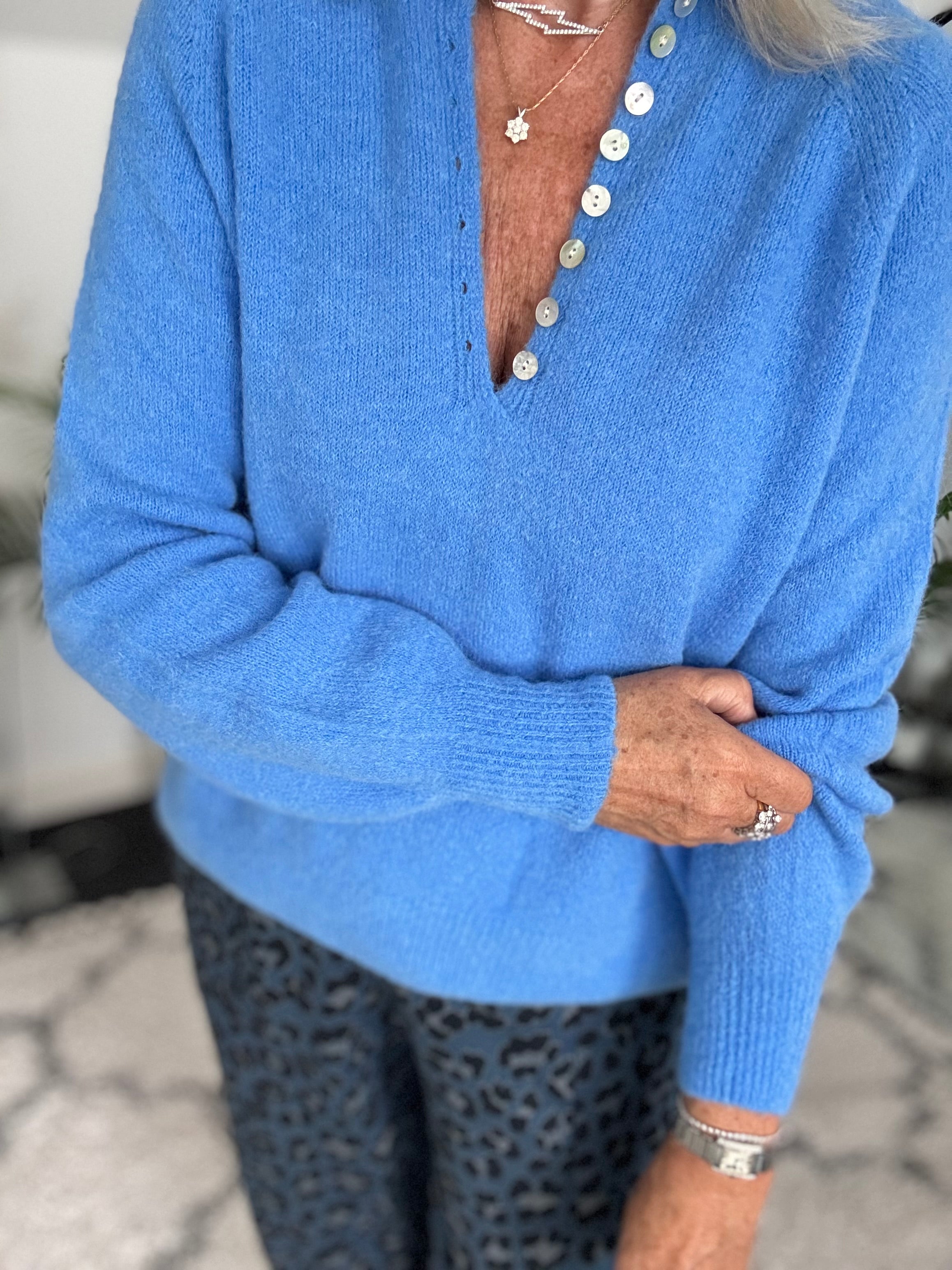 Softie Jumper with Button Neck in Cornflower