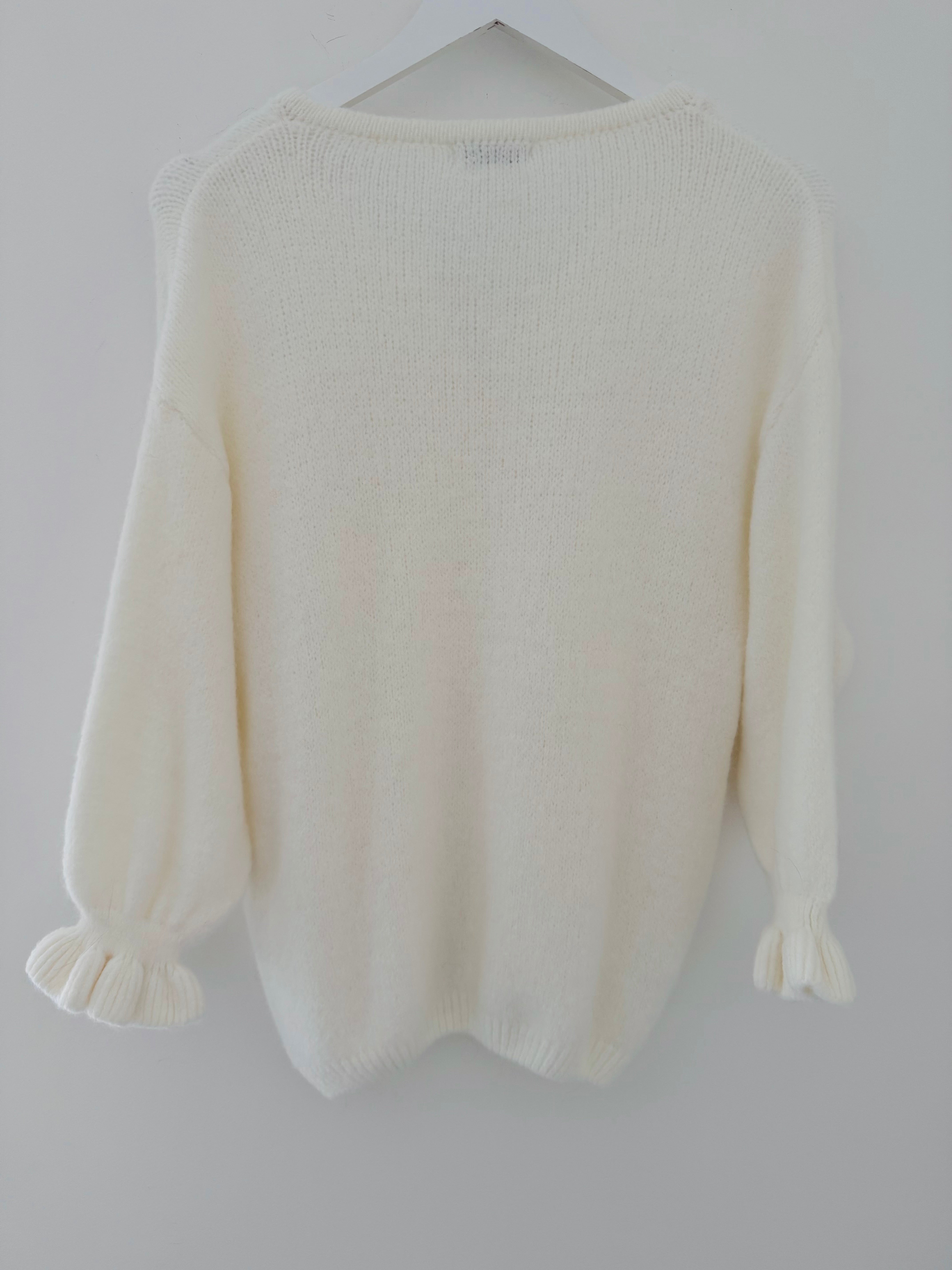 Alpaca Cardi with Frill Cuffs in Winter White