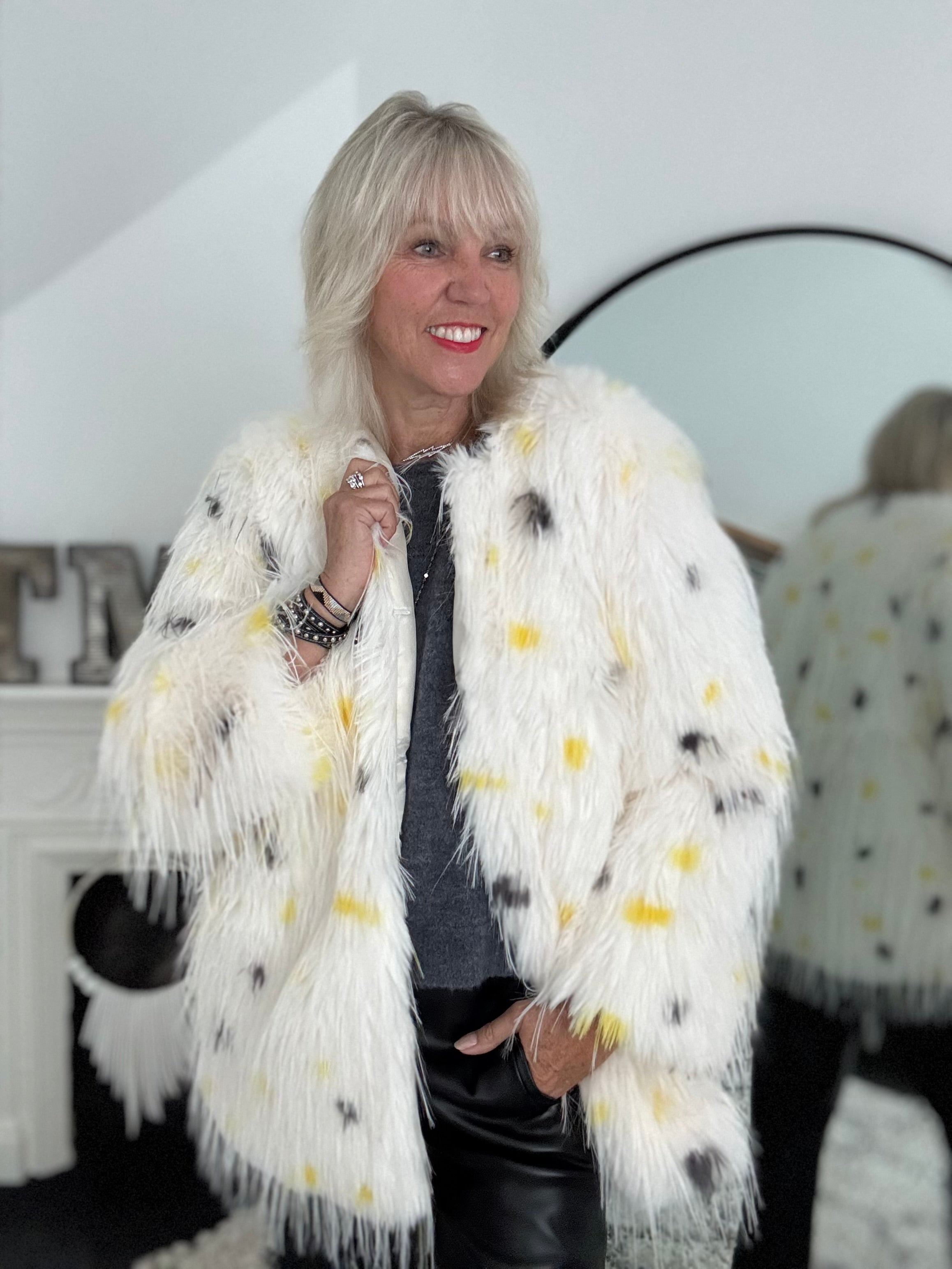 Faux Fur Spot Jacket in Yellow & Charcoal