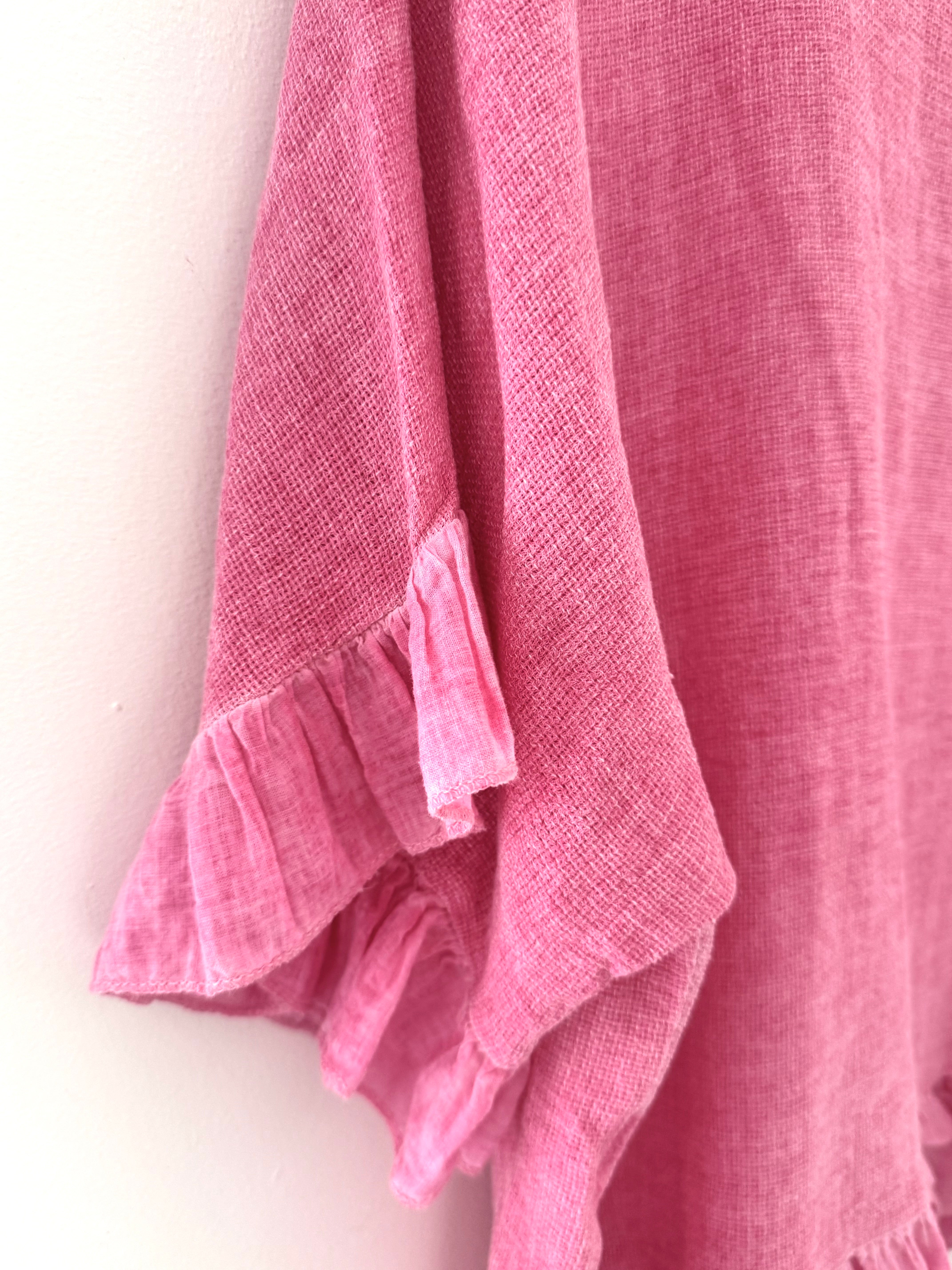 Linen & Cotton Ruffle Edge Top in Candy Pink