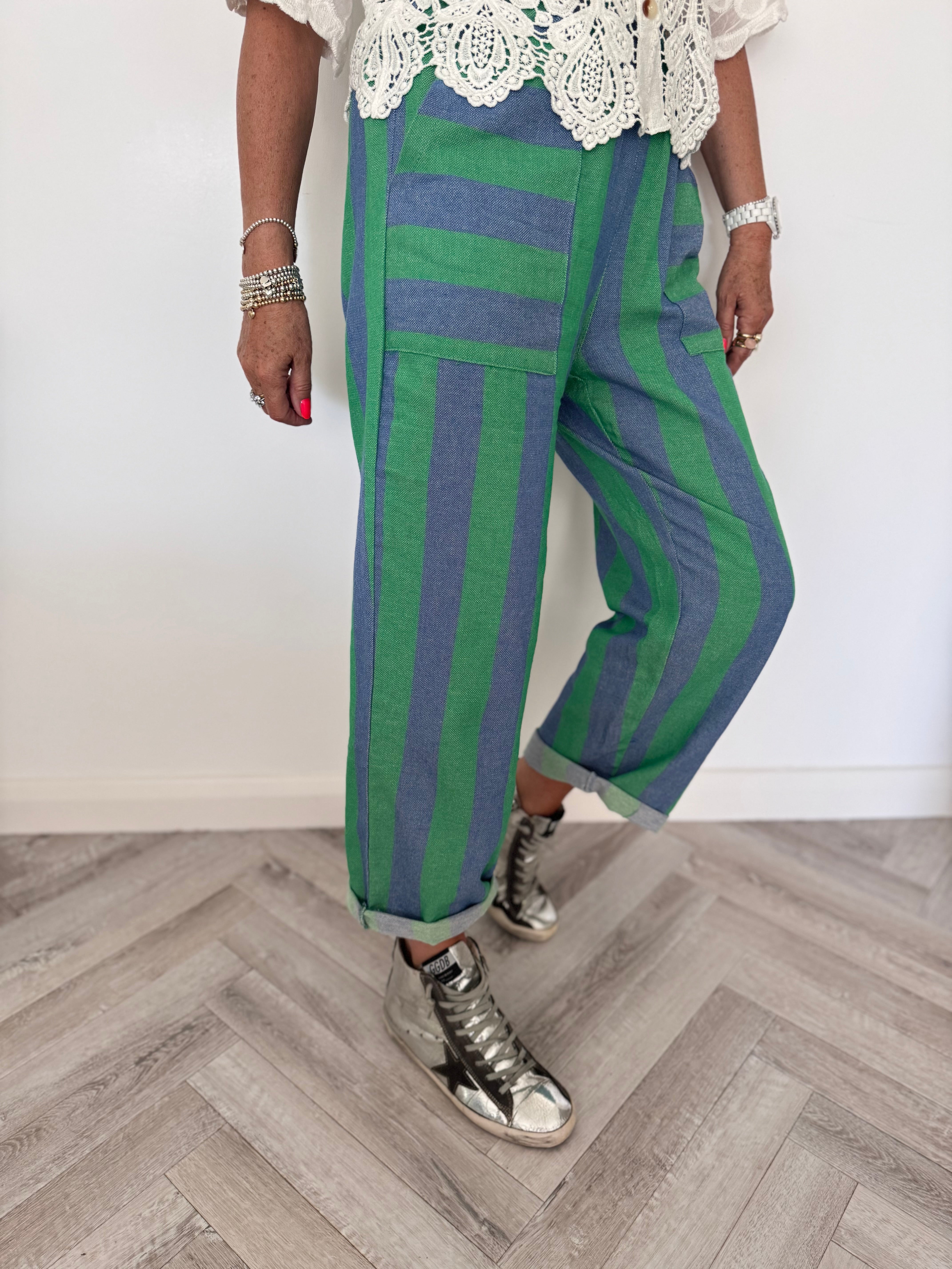 Stripe Trousers with Deep Pockets in Blue & Green