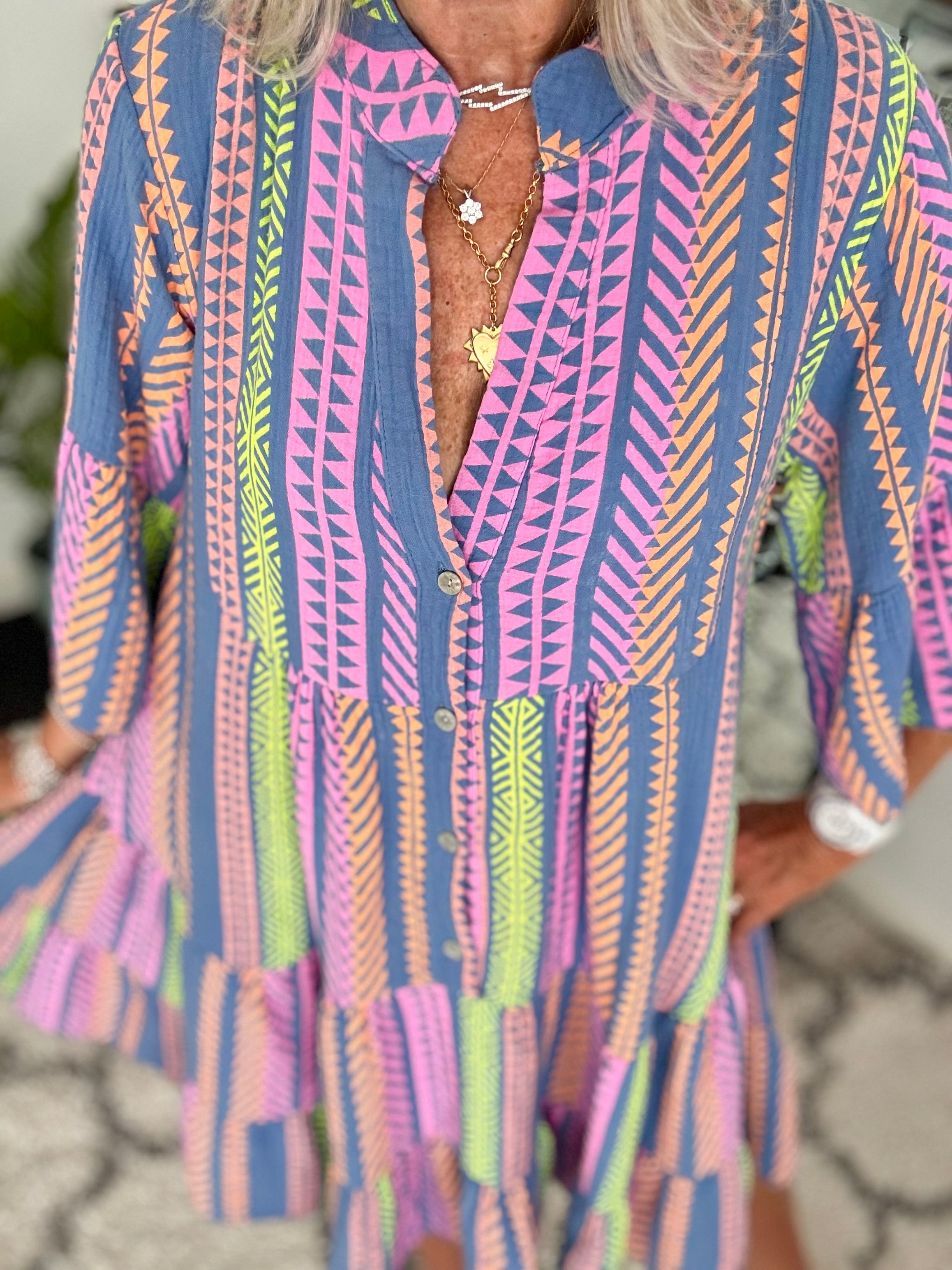 Cheesecloth Dress in Blue & Lilac Aztec