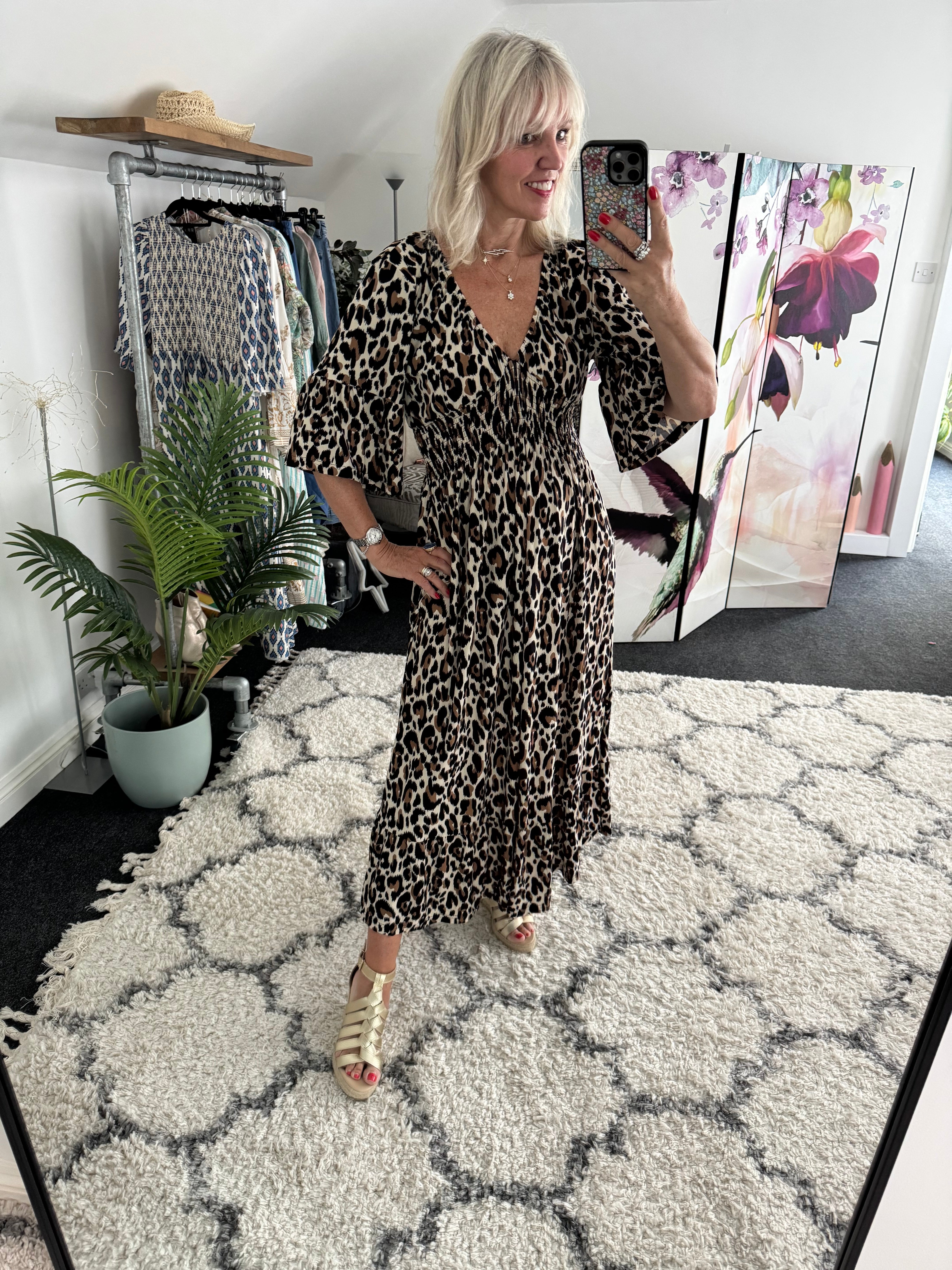 Leopard Print Dress with Shirred Waist