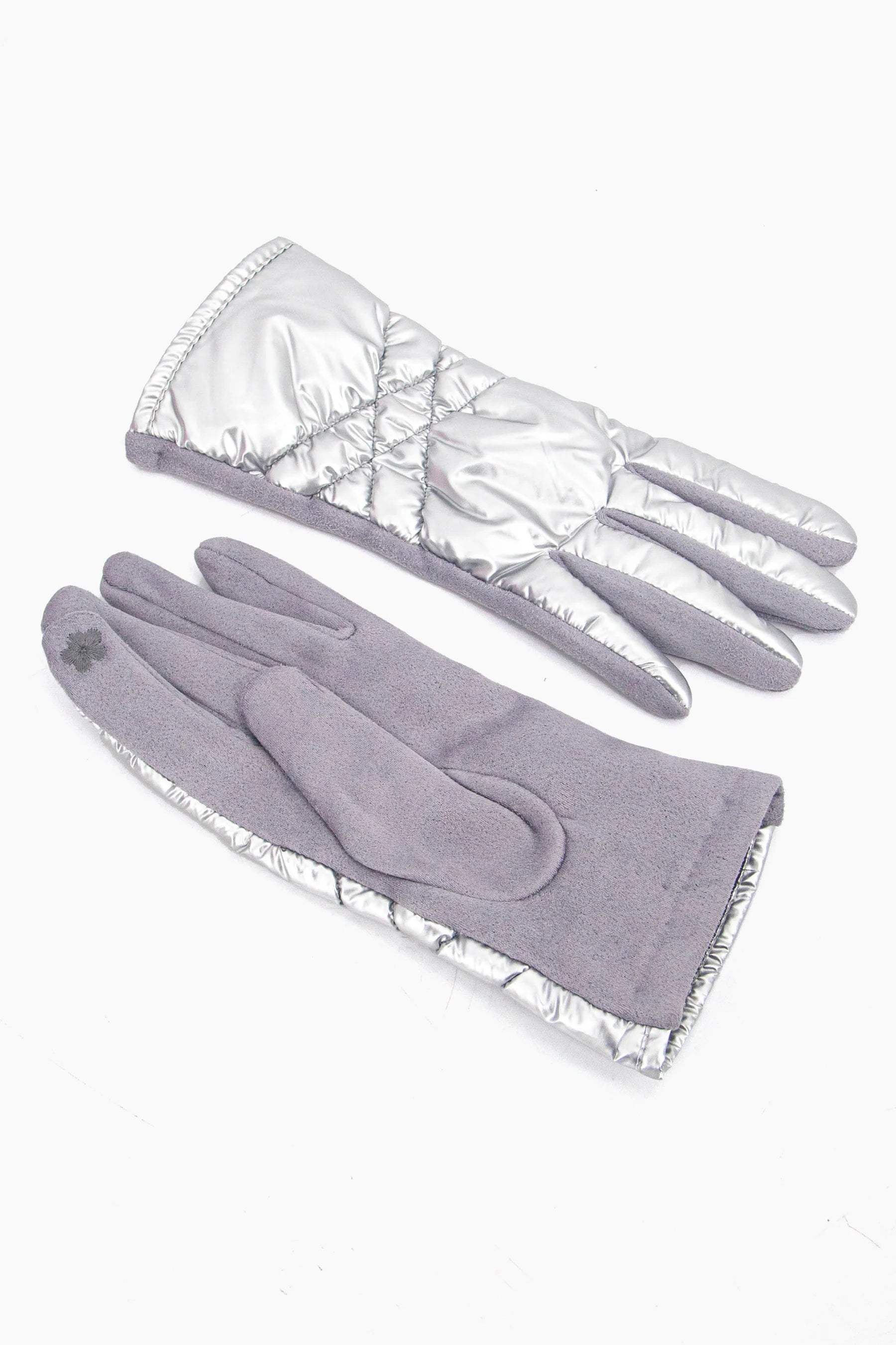 Metallic & Fleece Quilted Gloves in Silver