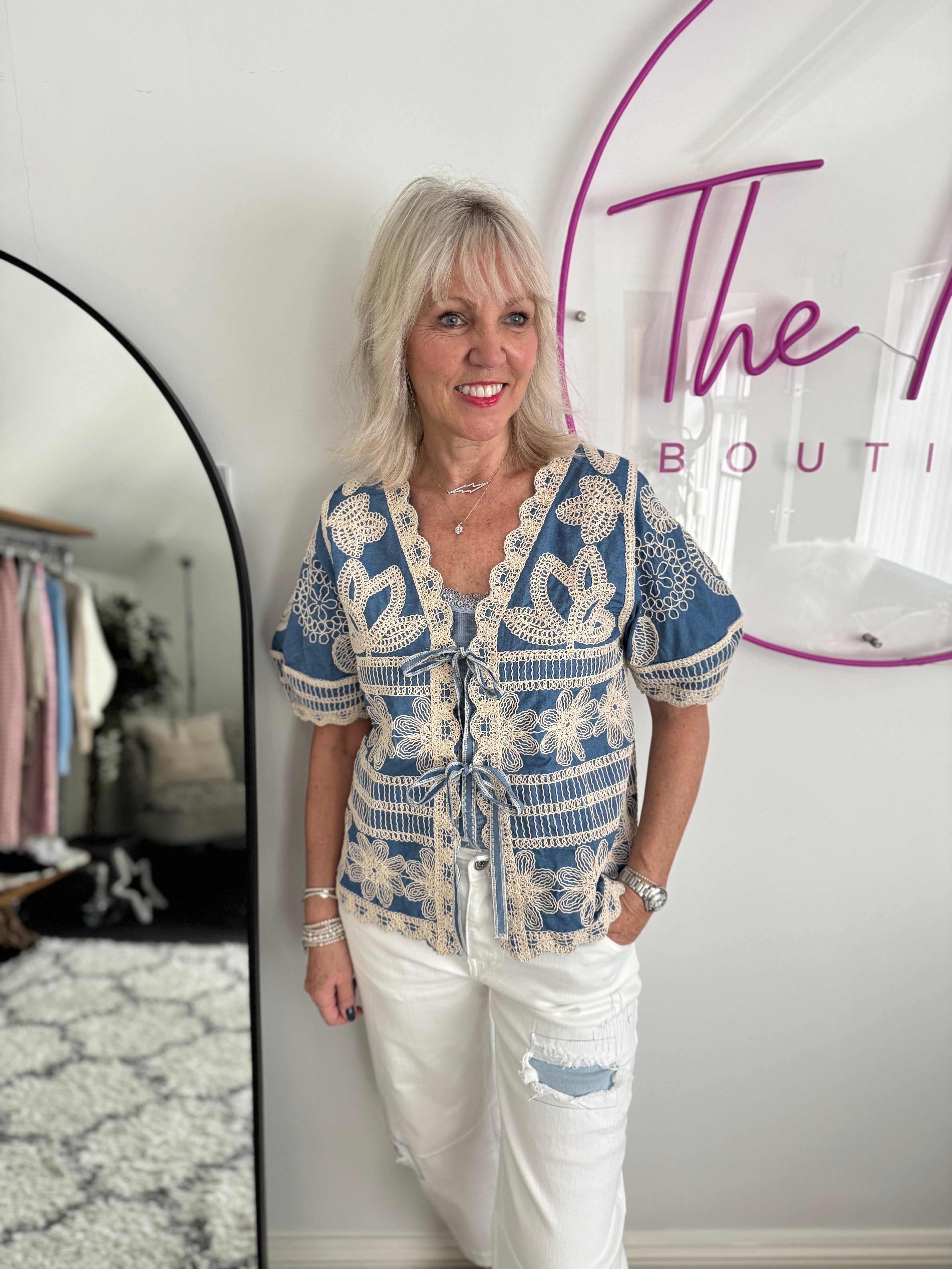 Embroidered Top with Tie Front