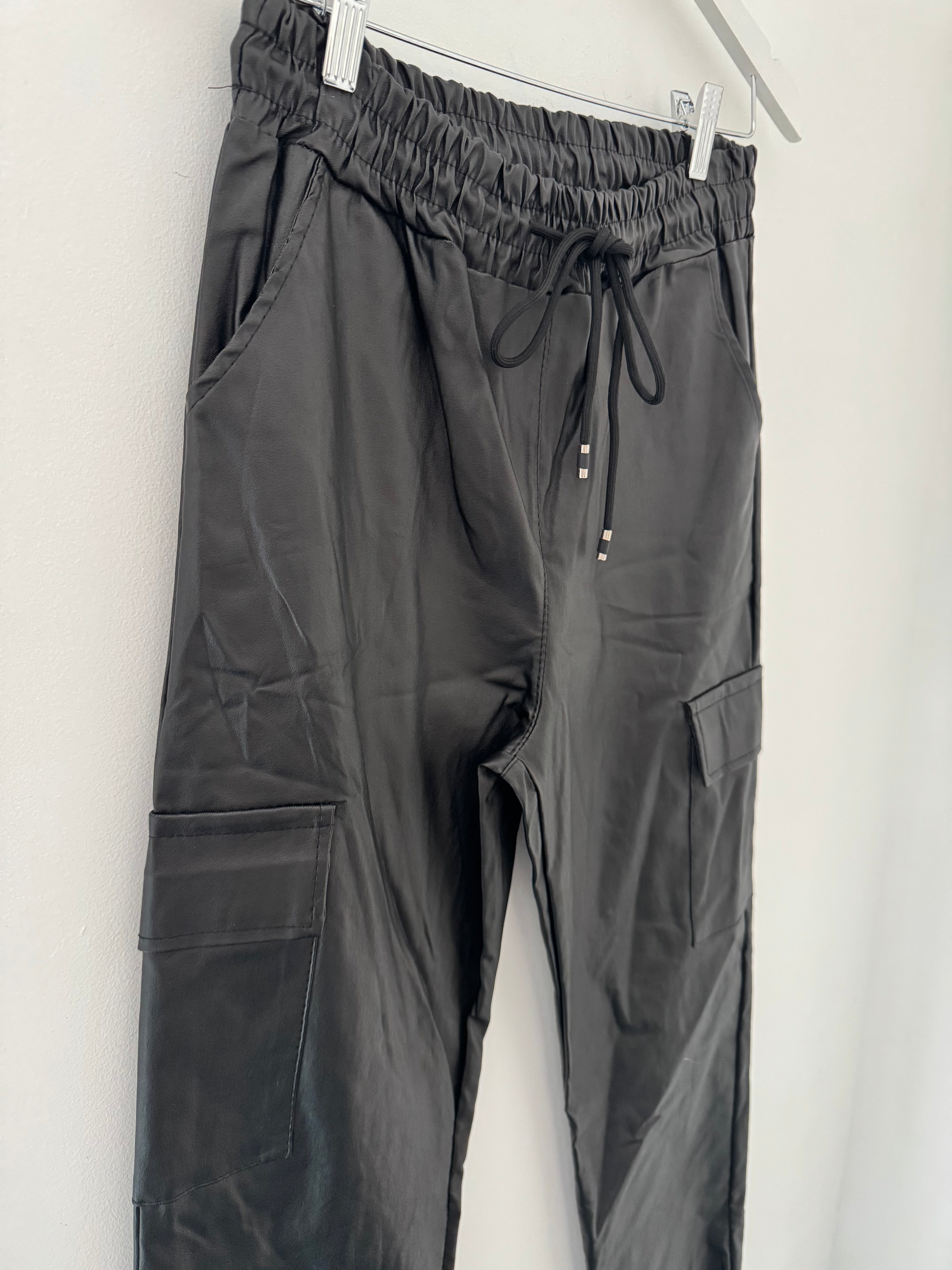 Leather Look Cargo Joggers in Black
