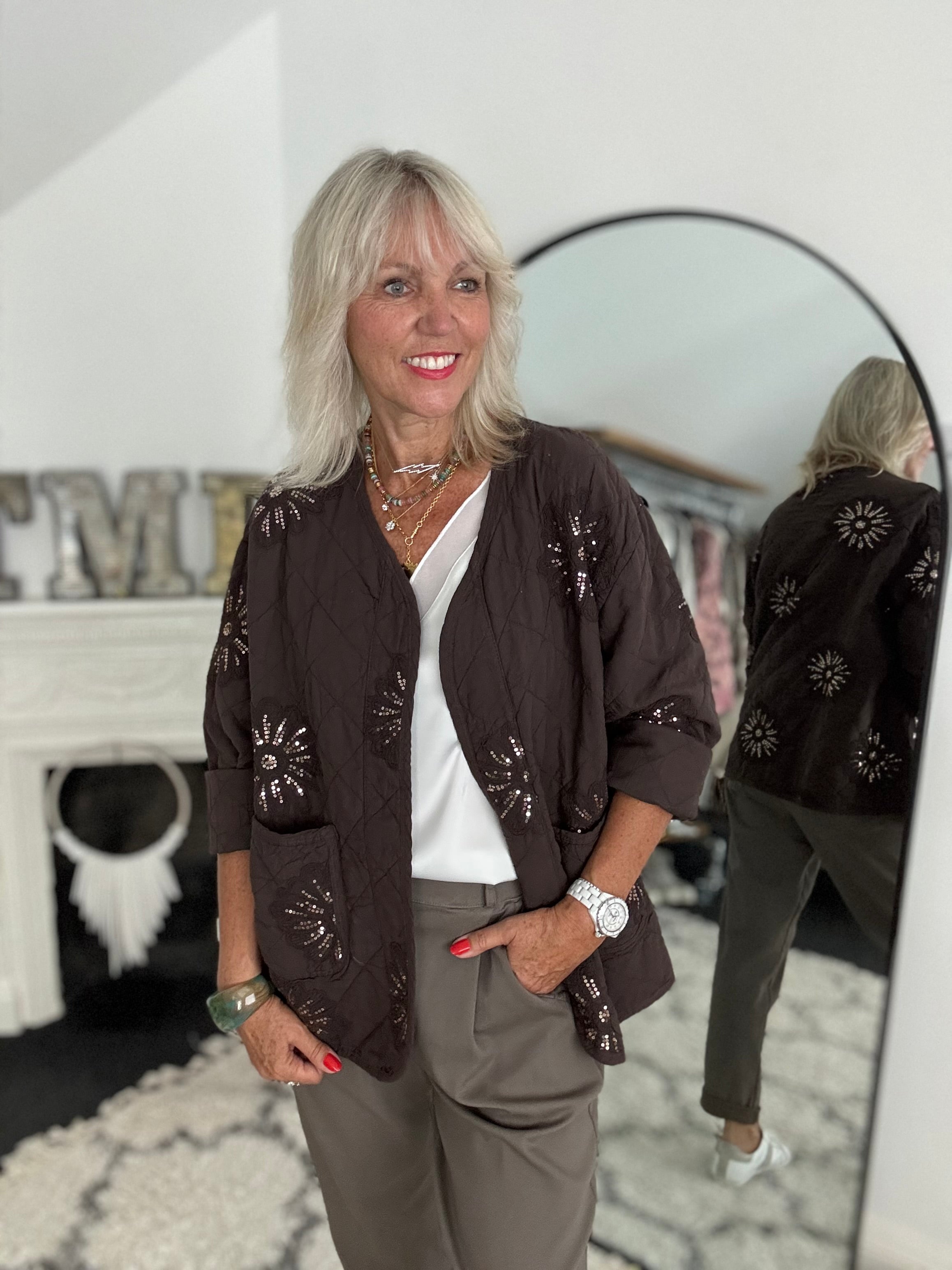 Quilted Jacket with Sequins in Chocolate