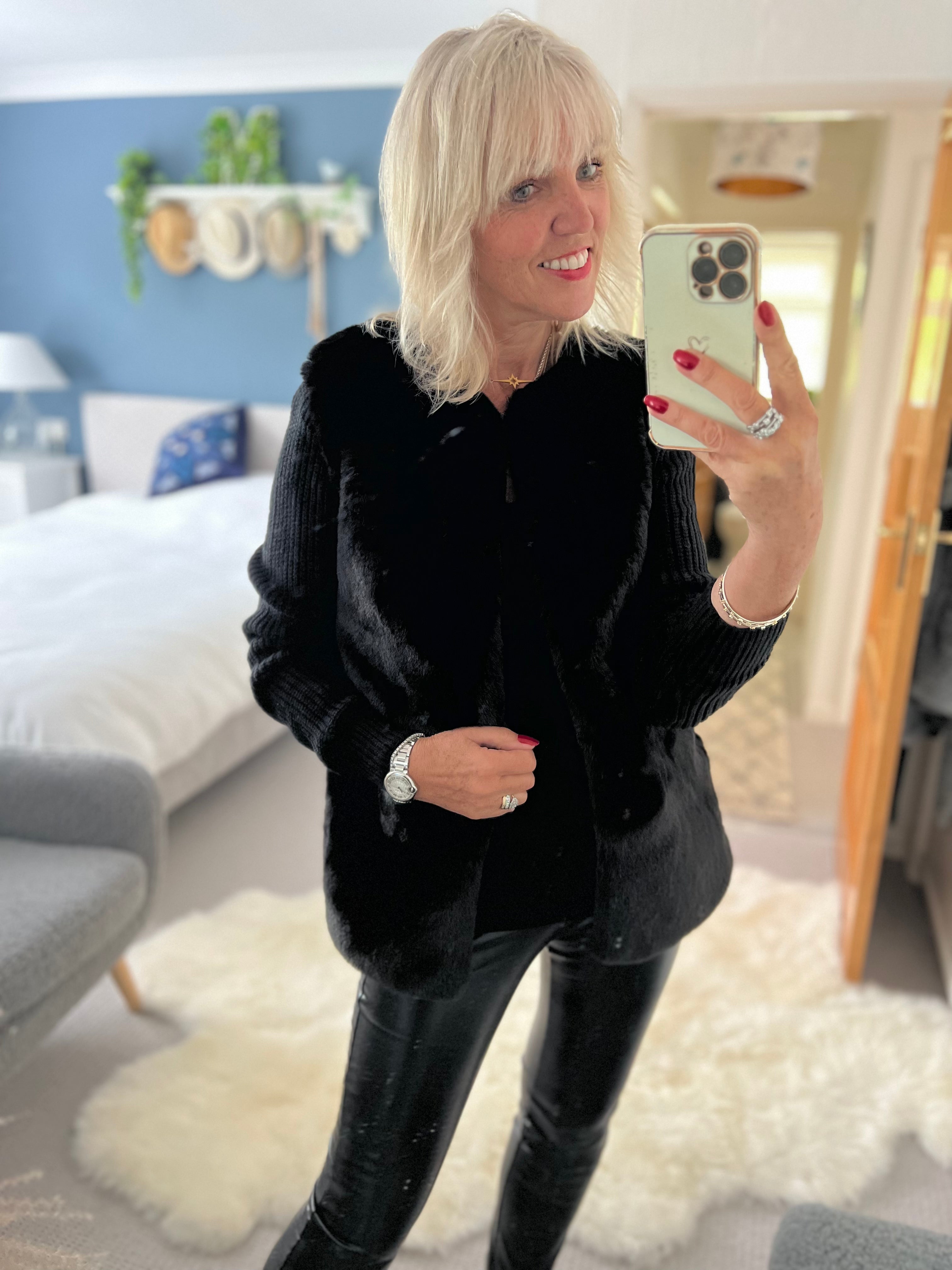 Belted Cardigan with Faux Fur in Black