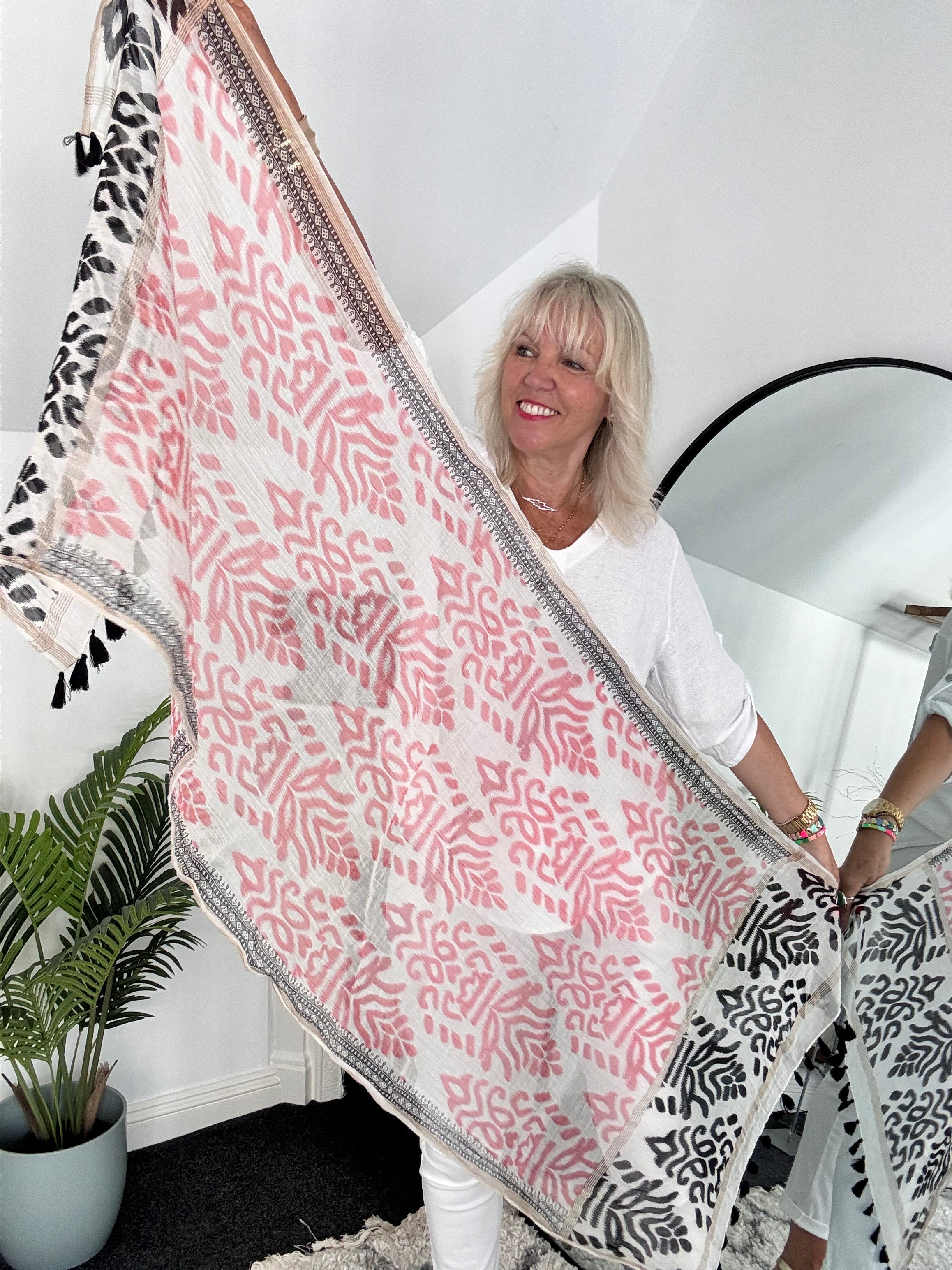 Aztec Scarf in Pink & Black with Tassels