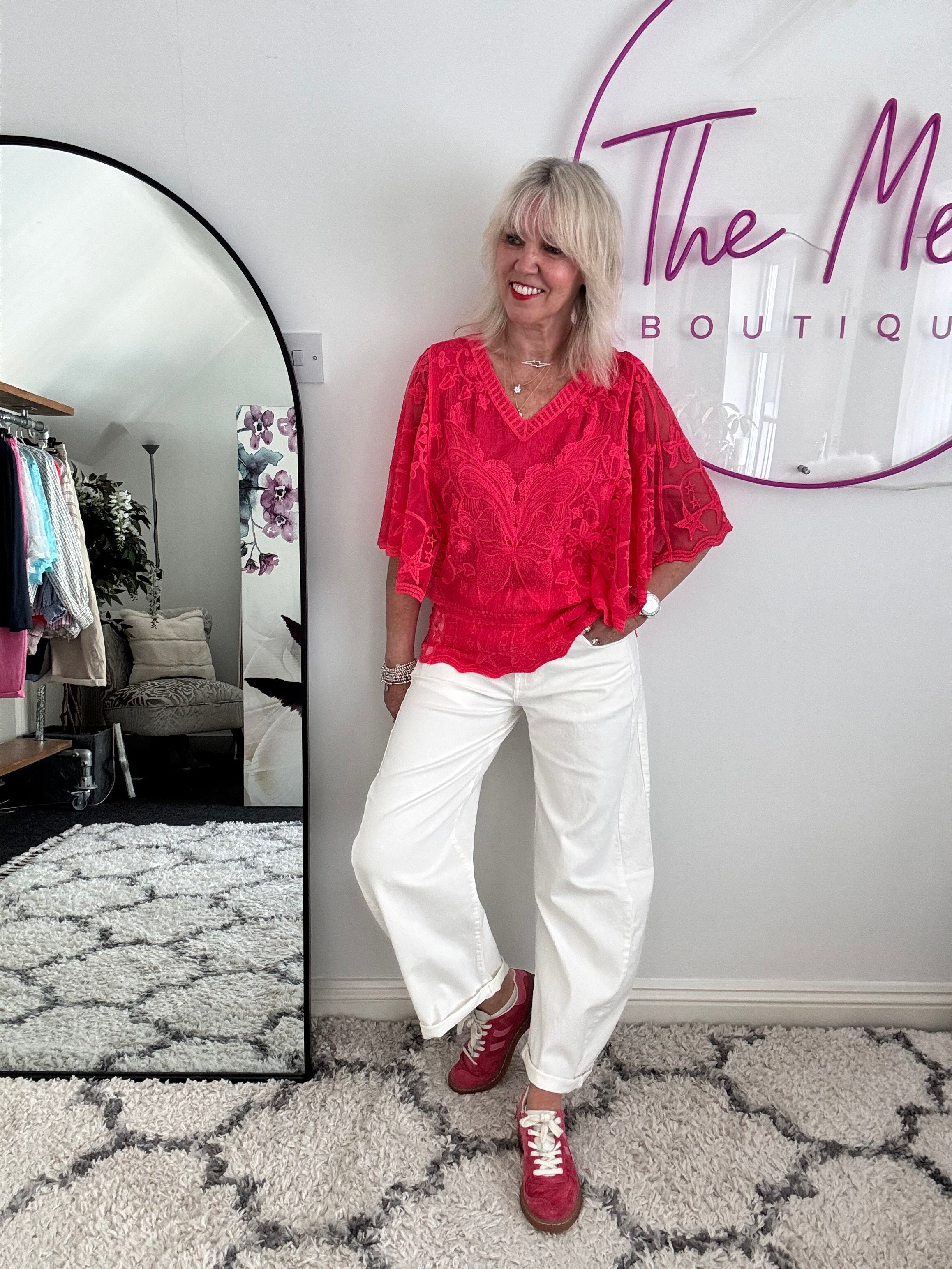 Lace Butterfly & Star Top in Coral Red