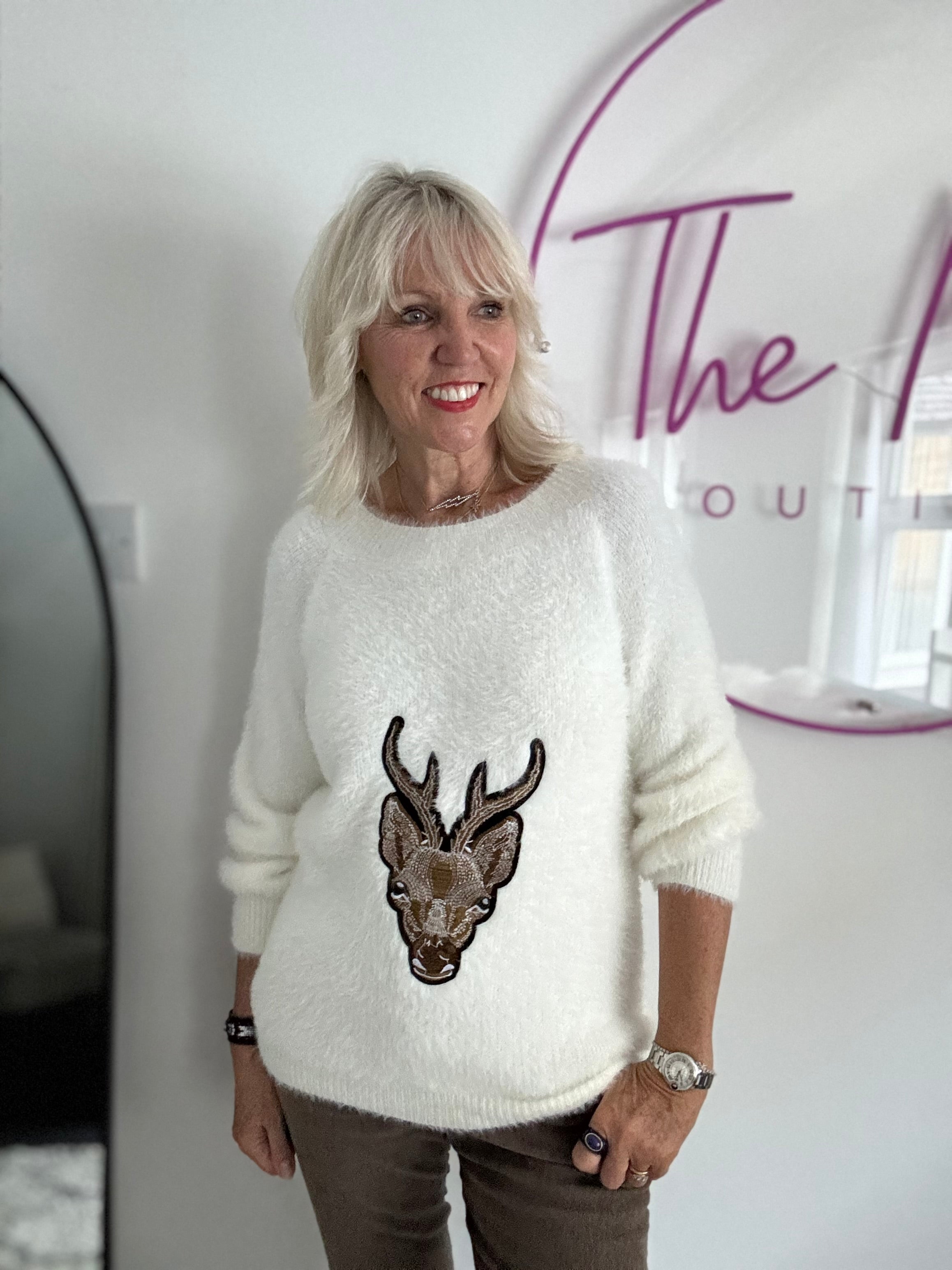 Oh Deer Fluffy Jumper in Winter White
